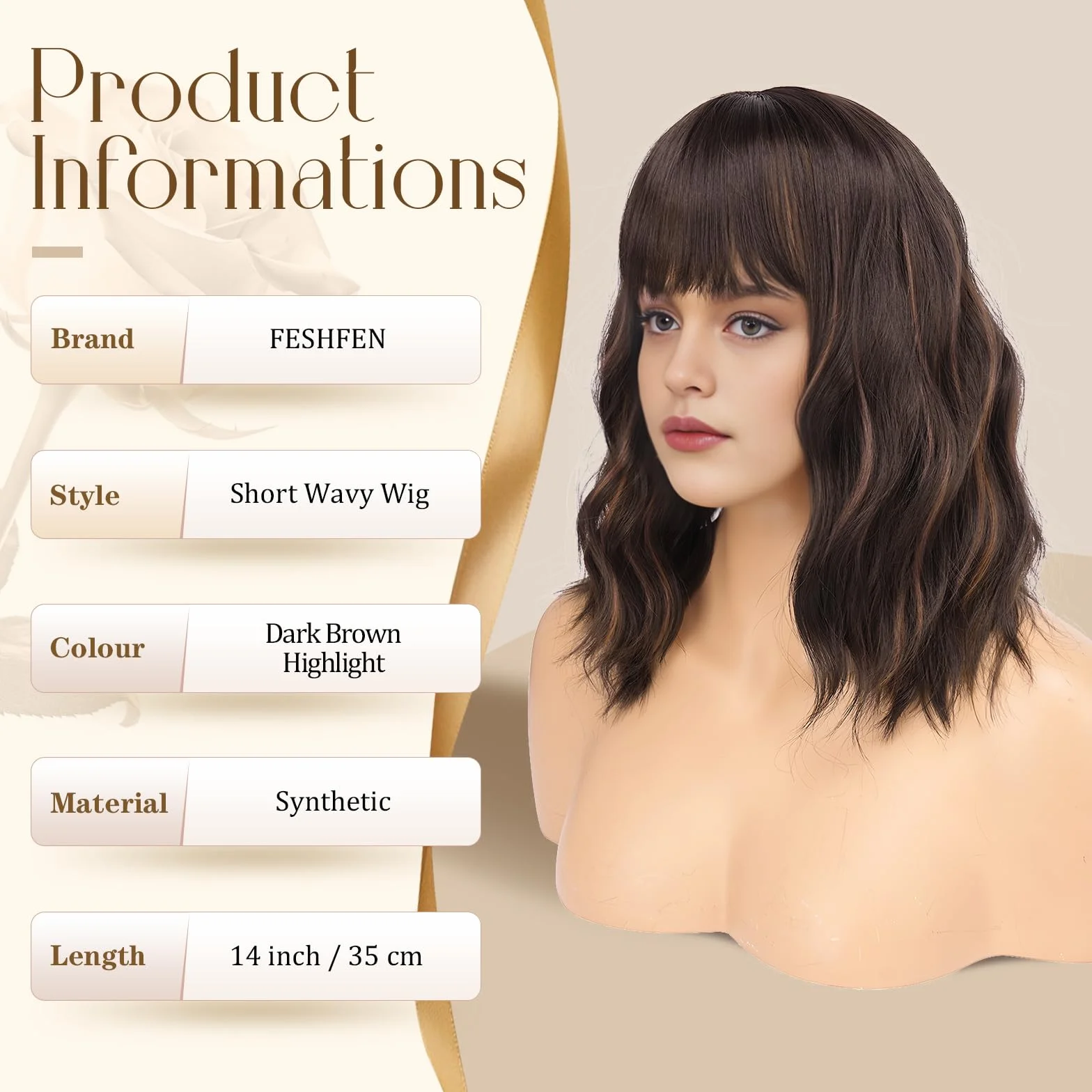 FESHFEN Peluca Bob Rizada Castaño Oscuro Ondulado con Flequillo 35 cm para Mujer