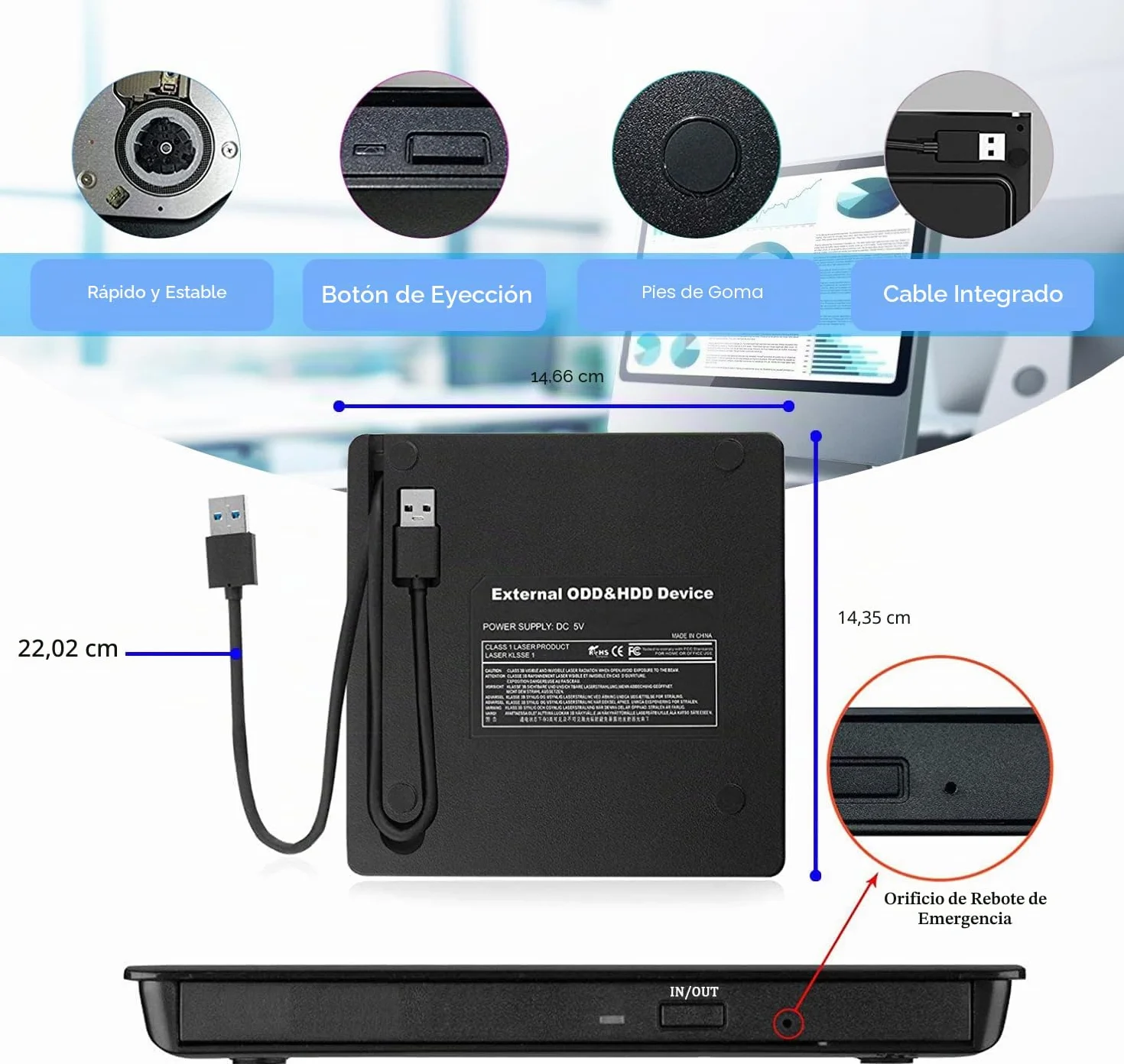 Antika Grabadora de DVD/CD +/-RW USB 3.0 Externa Portátil Ultrafino Compatible con Laptop PC Mac Windows