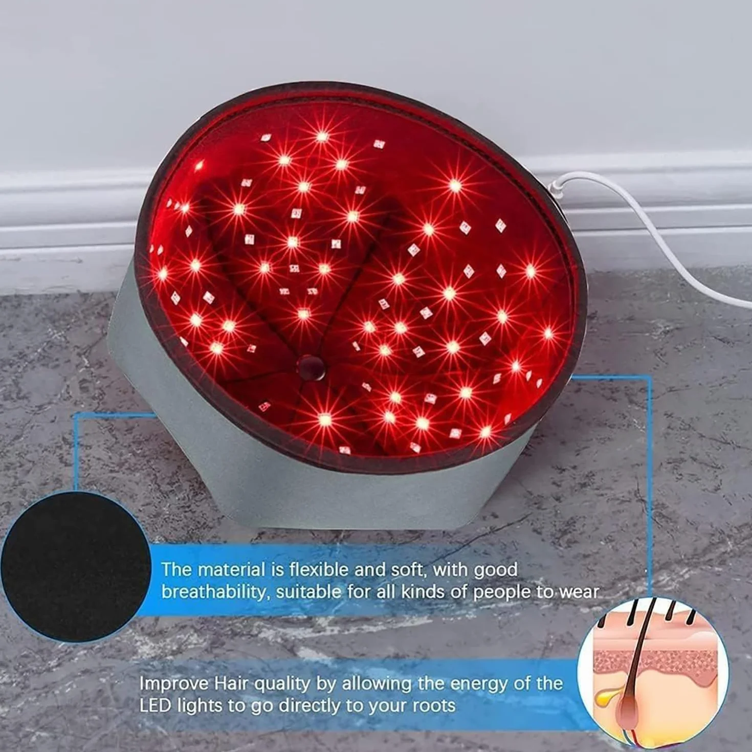 Gorro De Terapia Con Luz Roja LED, Gorro De Terapia Con Luz Infrarroja Para Prevención De La Caída Del Cabello, Modo De Terapia De Luz De 3 Engranajes, Diámetro De La Tapa 21,5 Cm/8,46 Pulgadas