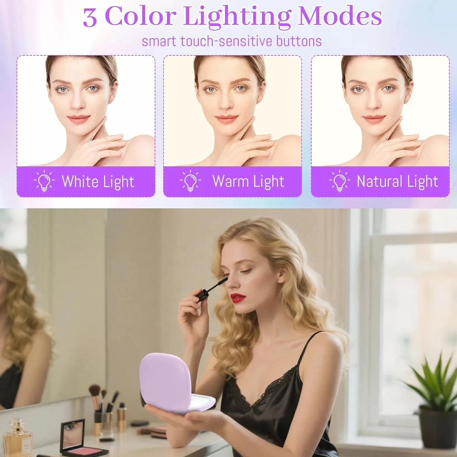 Collazoey LED Espejo de Maquillaje 1X/10X Aumentos USB Recargable 3 Luces Ajustable Plegable Portátil Viaje Morado