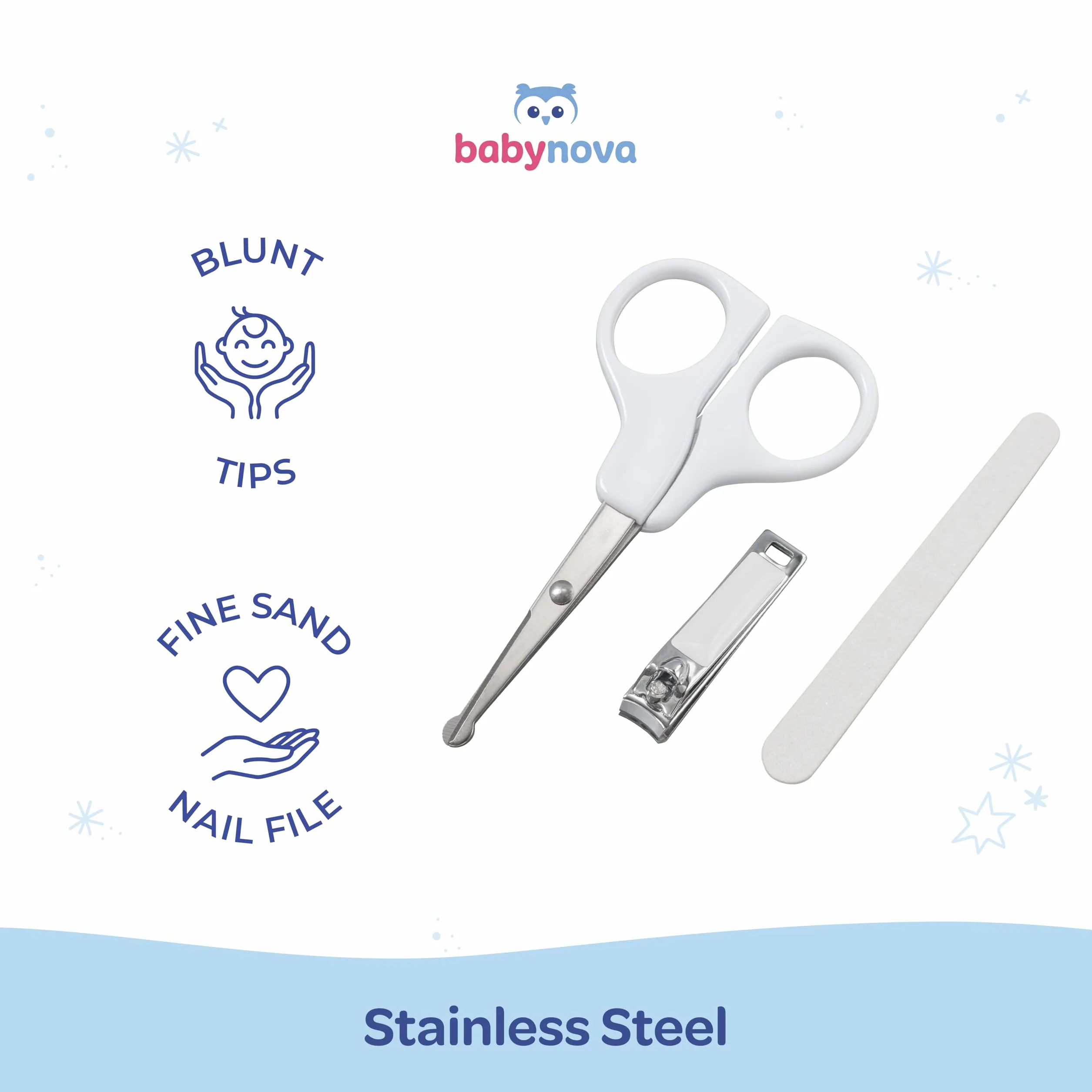 Babynova Set de Manicura para Bebés – Kit de Cuidado de Uñas Seguro con Tijeras de Punta Redondeada, Cortauñas y Lima, Caja de Almacenamiento Sin BPA