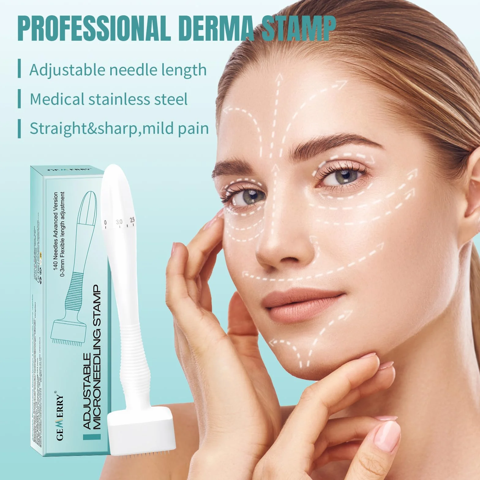 GEMERRY Derma Stamp 140 Agujas Ajustable 0-3mm para Crecimiento del Cabello y Barba