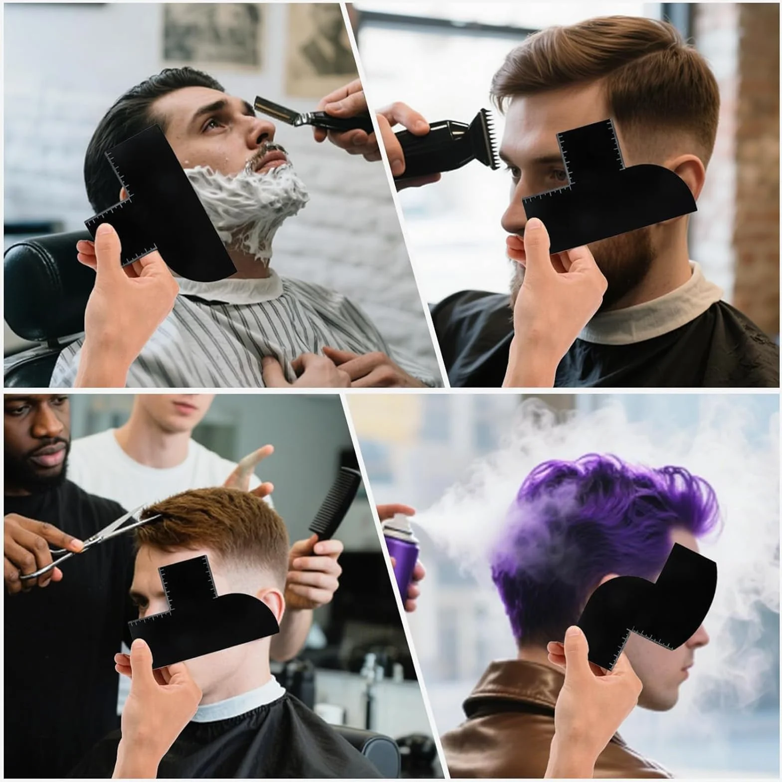 Tarjetas Mejora Barbero con Indicadores Medición, Plantilla Barba Línea Cabello Forma T y S