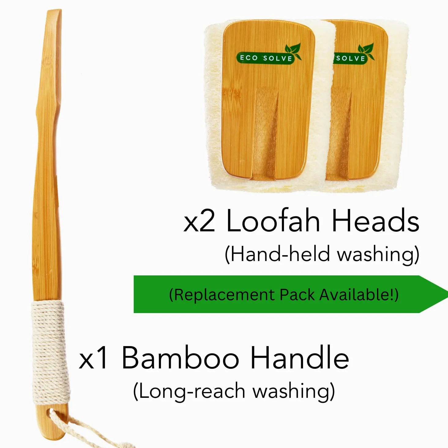 Estropajo de ducha de lufa natural con mango de bambú extraíble, exfoliación suave, mango ergonómico largo con agarre de cuerda de cáñamo, esponja extra incluida para lavado cercano, sin