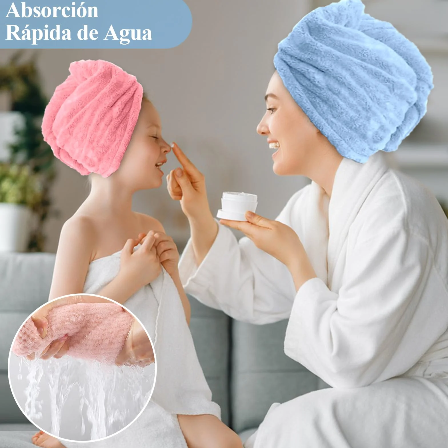 KASURE Toalla Microfibra Pelo 3 Piezas Gris Azul Rosa Gorras Botones Secado Rapido Anti Frizz