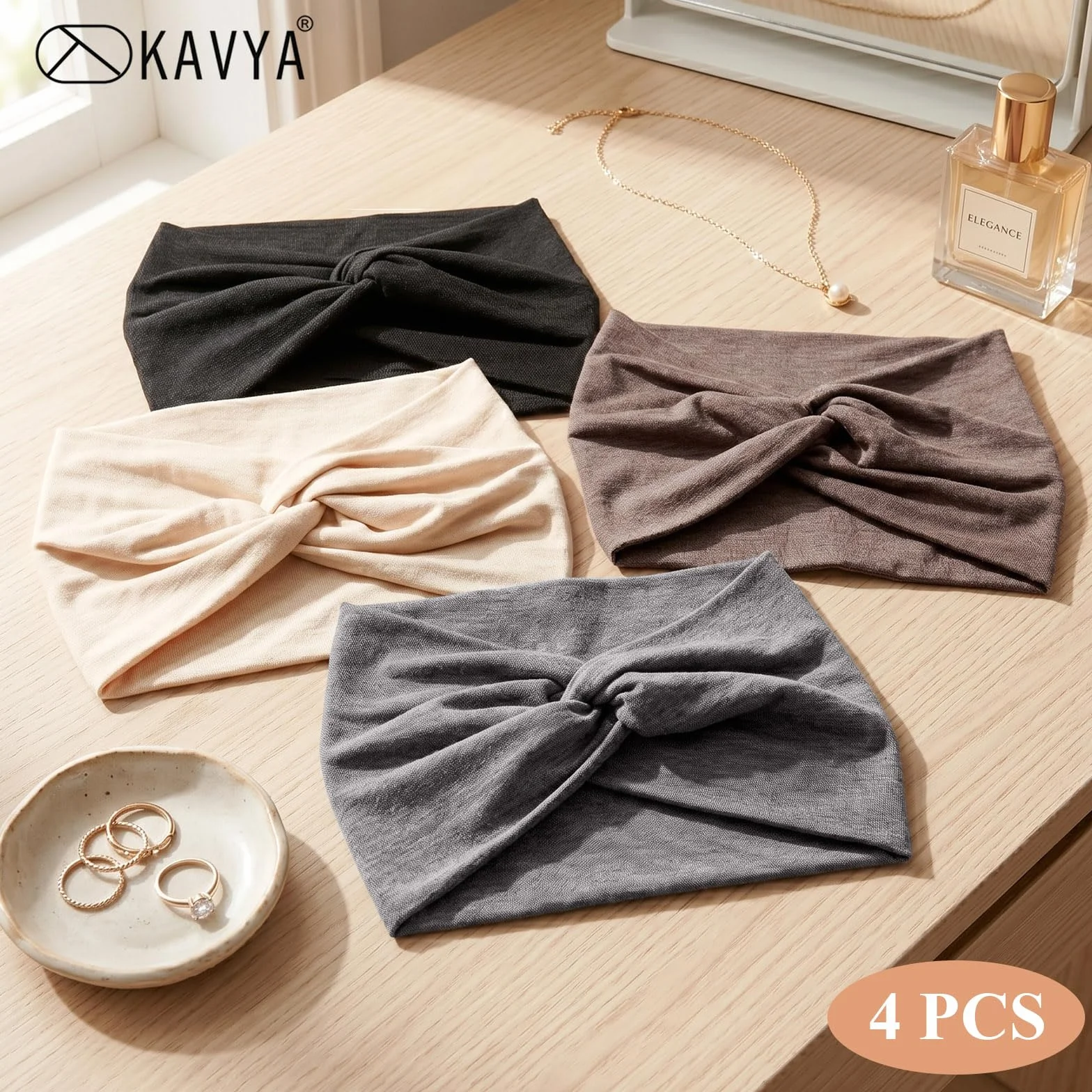 Kavya Diadema Mujer Cinta Pelo 4 Unidades 7'' Ancho Elástico Boho con Nudo Cruzado Turbantes Bandana Headband Accesorios Pelo Yoga Deportivo Maquillaje