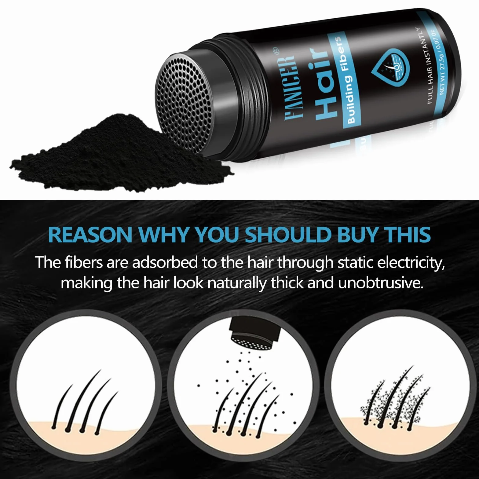Polvos Relleno Capilar Instantáneo, Fibras Capilares, Spray en Polvo para Cubrir Pérdida de Cabello, Negro