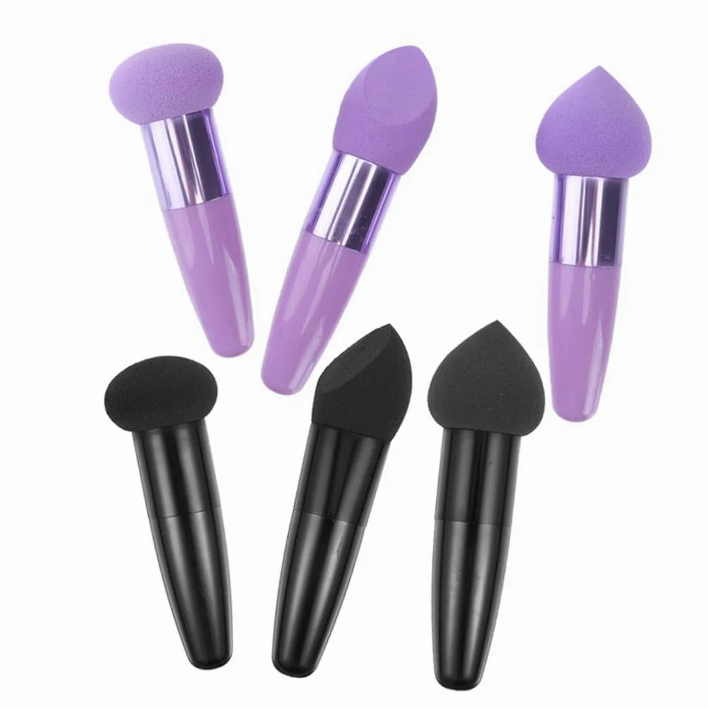 NUOBESTY 6 Esponjas de Maquillaje Portátiles Mango, Lápices de Maquillaje para Húmedo y Seco, Látex, 6 Piezas, Color Negro y Púrpura