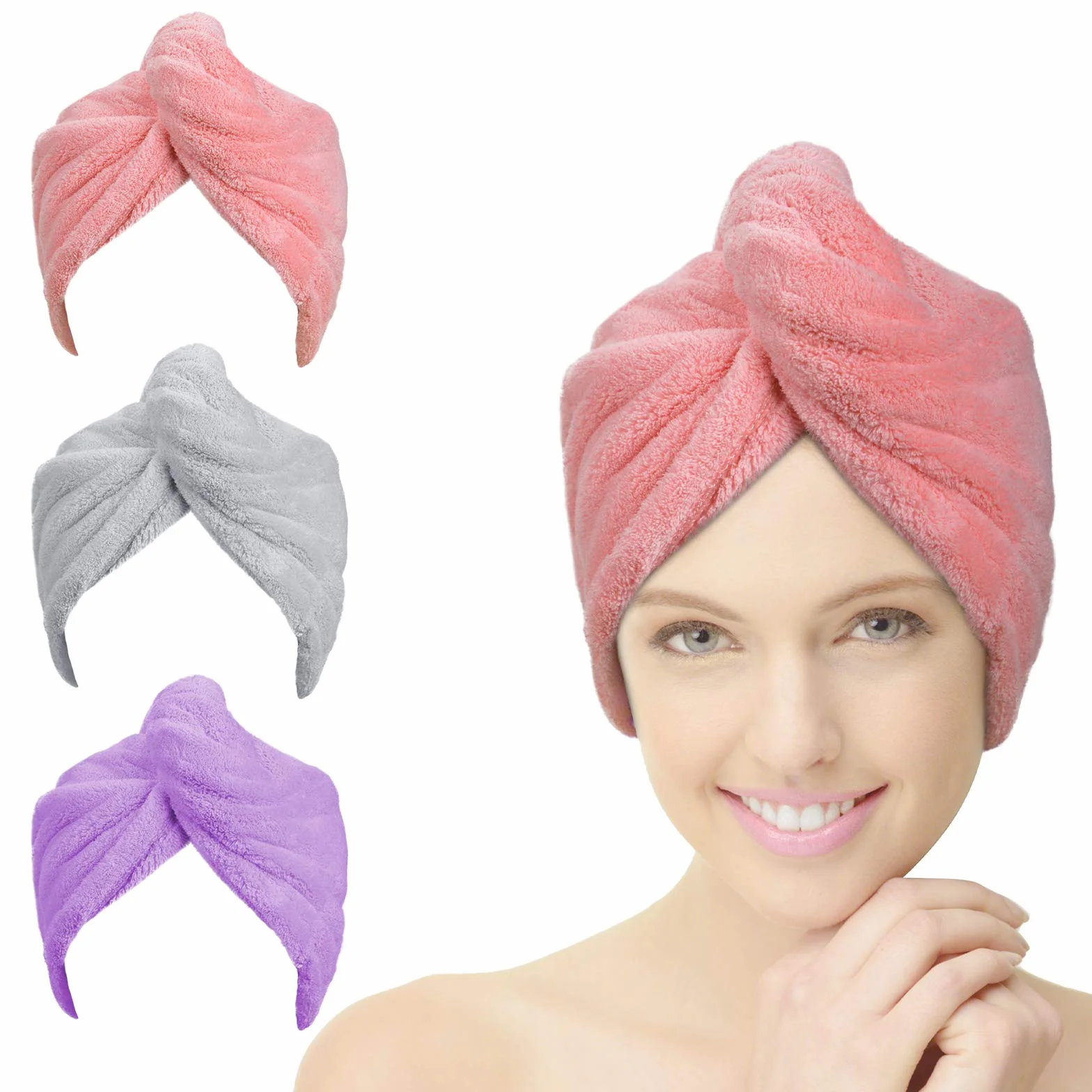ACWOO Toallas para Secar el Pelo, Gorro de Secado Rápido Coral Fleece con Botón para Mujeres