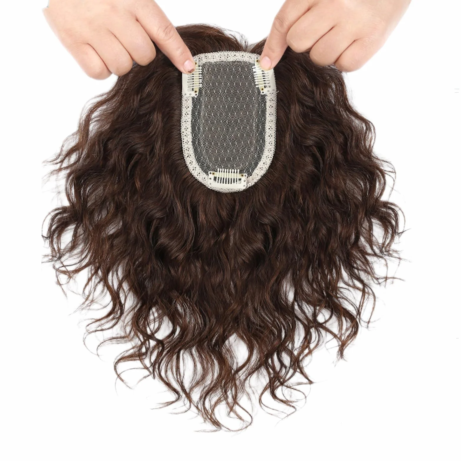 Cabello Corto Rizado Adornos for El Cabello for Mujer Tupé De Cabello Humano Cobertura De 360° Piezas De Cabello Superiores Extensión De Cabello Con Clip Con Base De Encaje(Brown,20cm)
