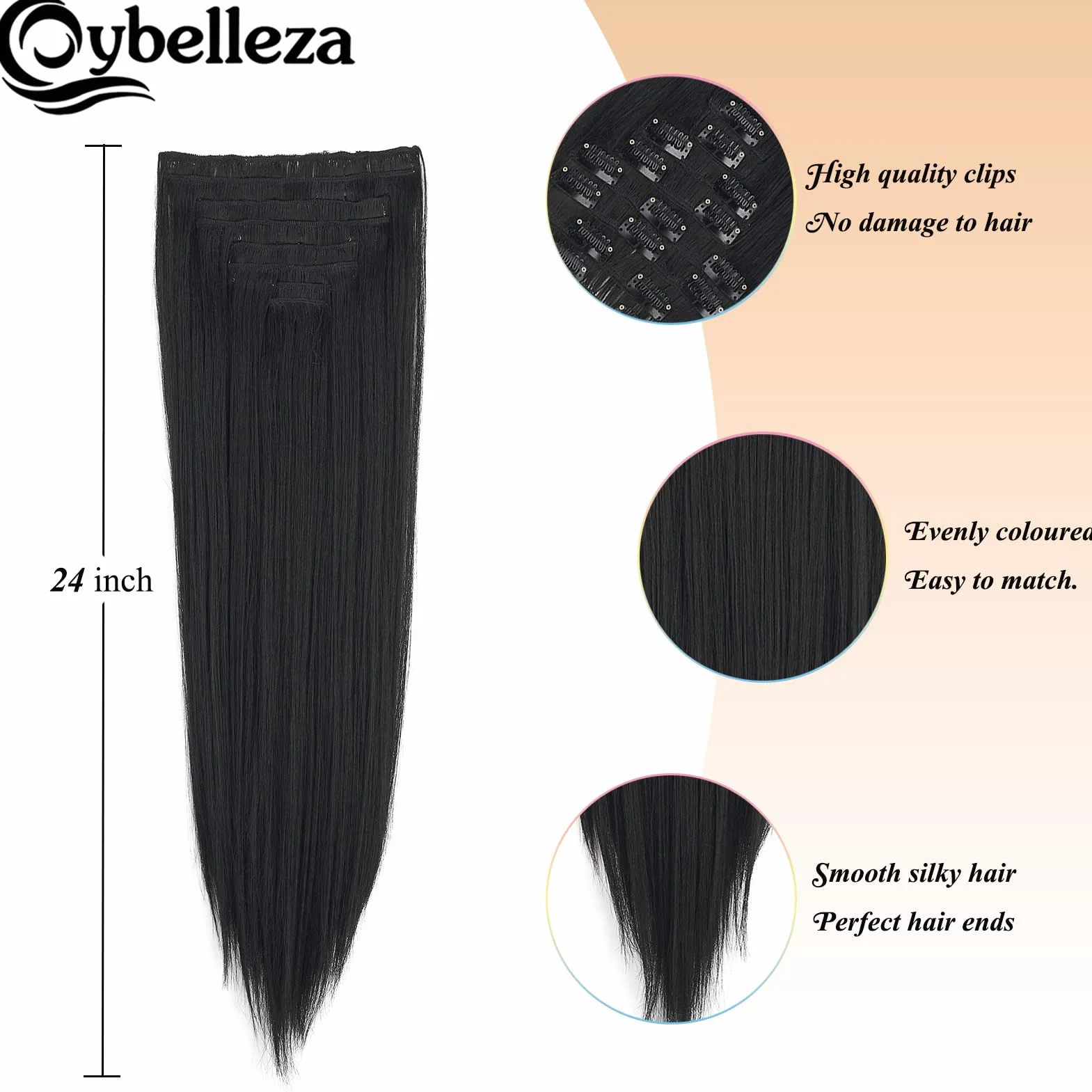 Extensiones de Pelo Natural Liso 60cm 8 Piezas Cabello Postizo Sintético Largo para Mujer Negro