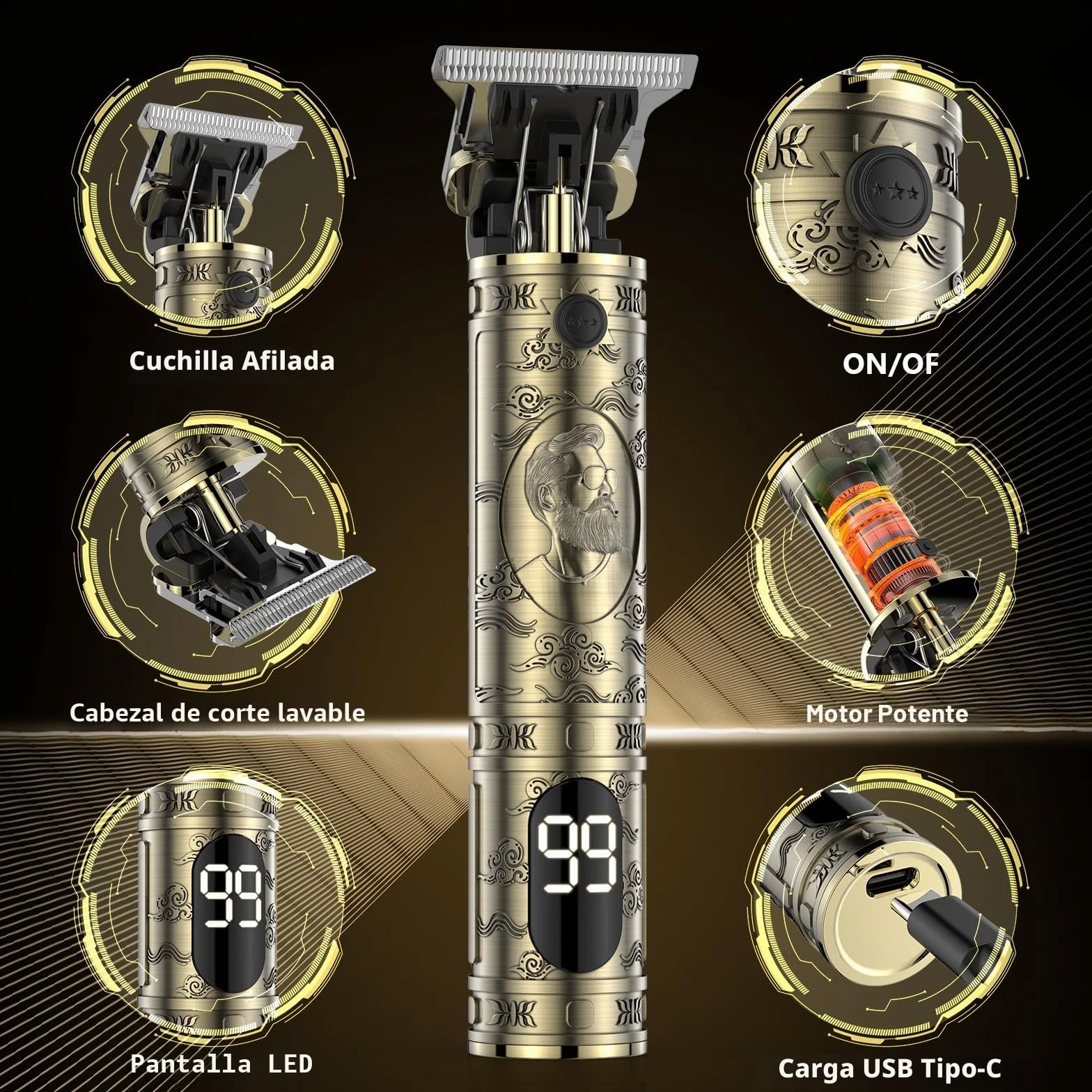Maquina de Cortar Pelo Hombre Electrica LED Cortapelos Recortar Barba Sin Cable Maquinilla de Afeitar (Bronce)