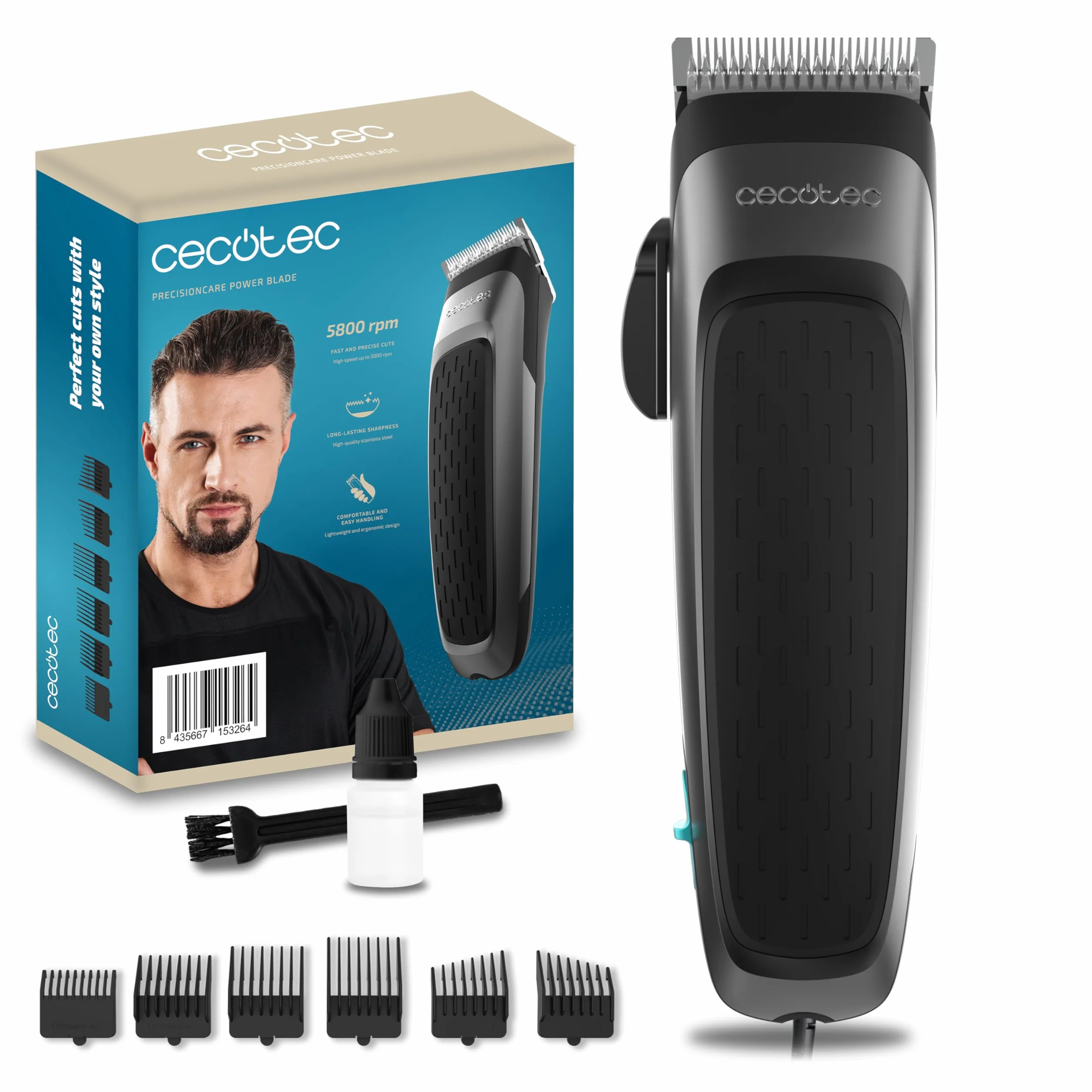Cecotec PrecisionCare Power Blade Cortapelos Máquina de Afeitar 5800 rpm Cuchillas Inoxidables 5 Ajustes Longitud 6 Peines