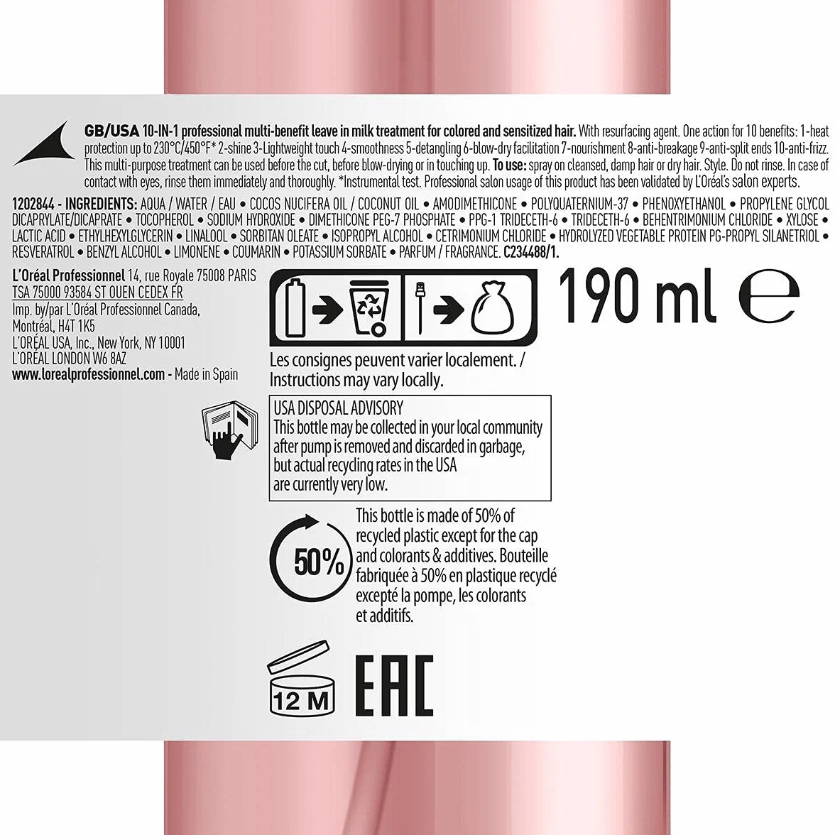 L'Oréal Professionnel Serie Expert Vitamino Color Spray 10 en 1 con Resveratrol, Perfeccionador del Color para Cabello Teñido, 190 ml