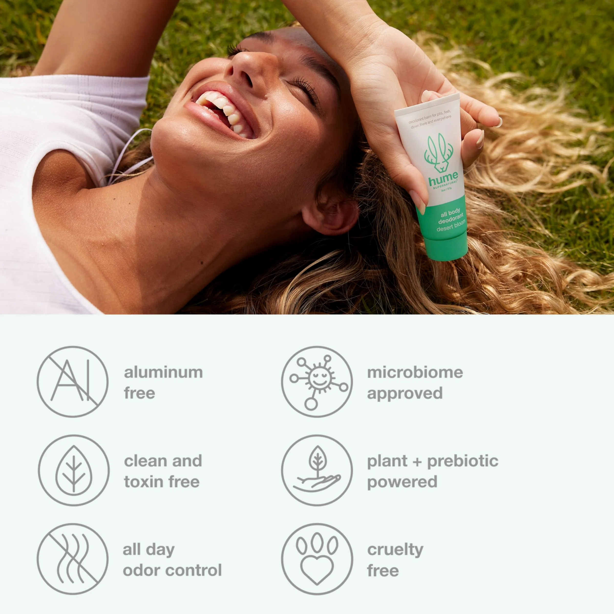 HUME SUPERNATURAL Bálsamo desodorante invisible para todo el cuerpo, protección para todo el cuerpo, sin aluminio, sin bicarbonato de sodio, resistente al olor, clínicamente probado