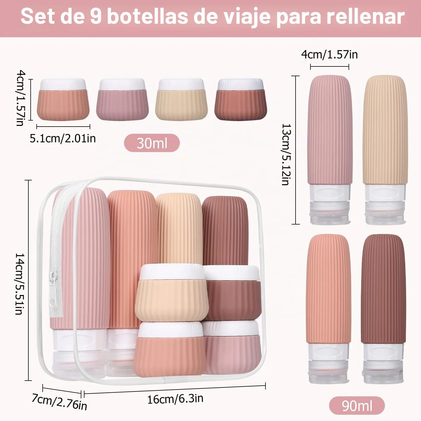 Botellas de Viaje Silicona 30/90ml Rellenables a Prueba de Fugas para Champú Loción Cosméticos