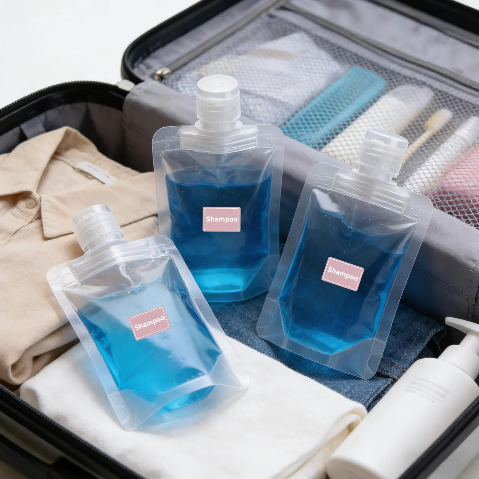 Bolsitas de Repuesto para Jabón Líquido de Ducha, 30ml 50ml 100ml, Bolsas de Viaje para Champú, Gel de Ducha, Loción + Embudo de Silicona