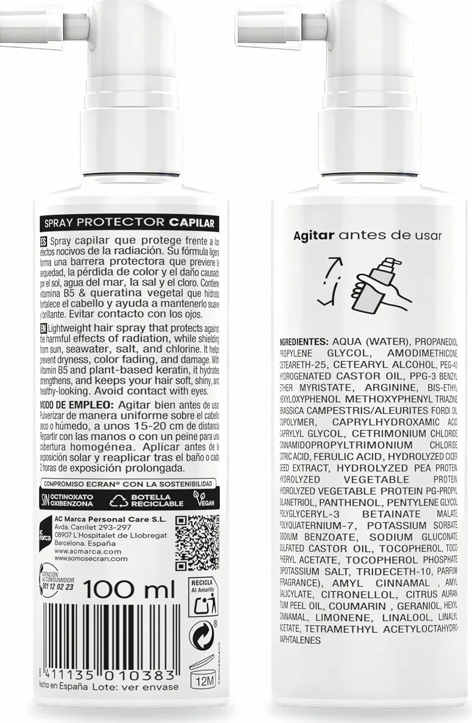 Sunnique Ecran Spray Protector Solar Capilar con Queratina Vegetal y Vitamina B5 100 ml