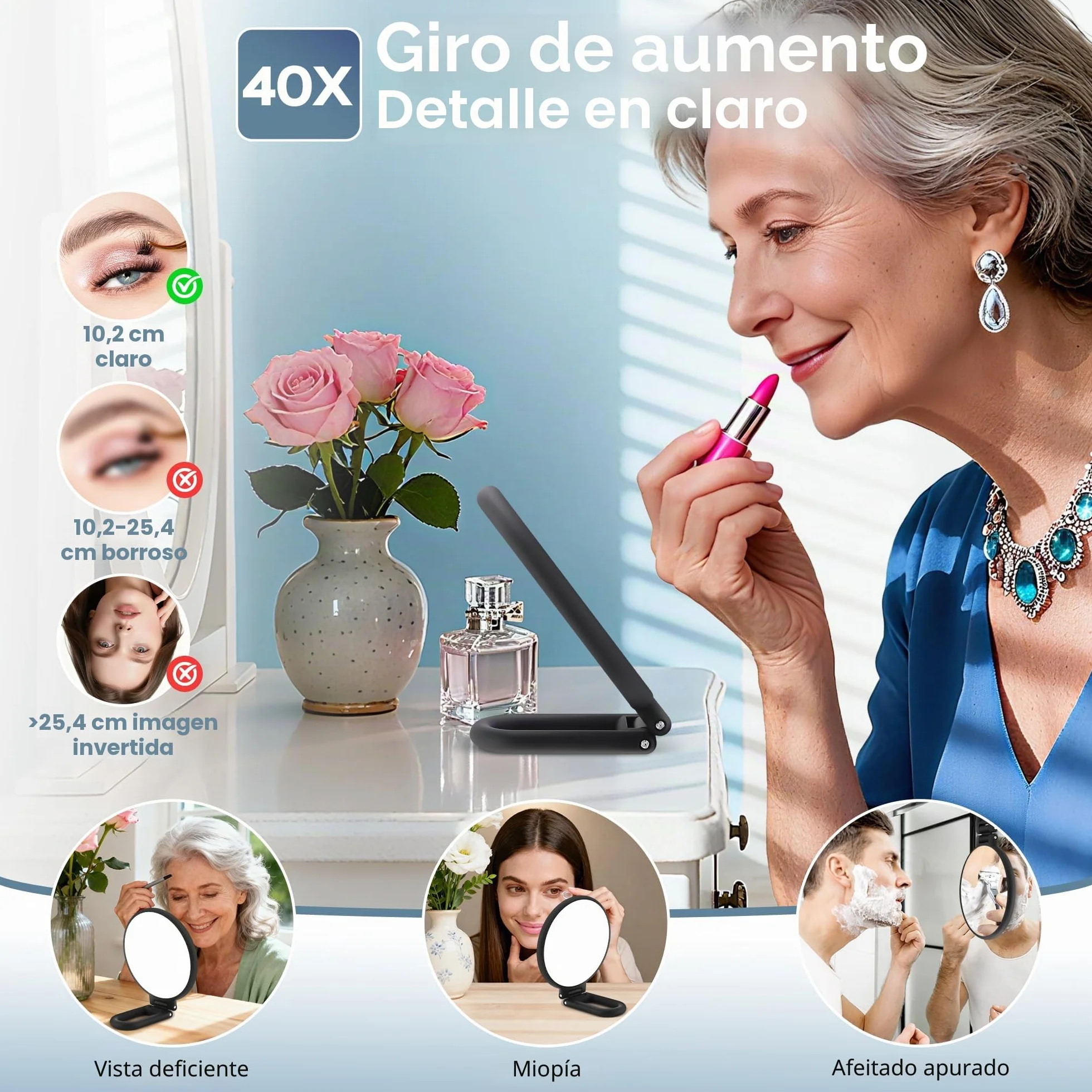 MIYADIVA Espejo de Aumento 40X Doble Cara 40X/1X Portátil Plegable para Maquillaje