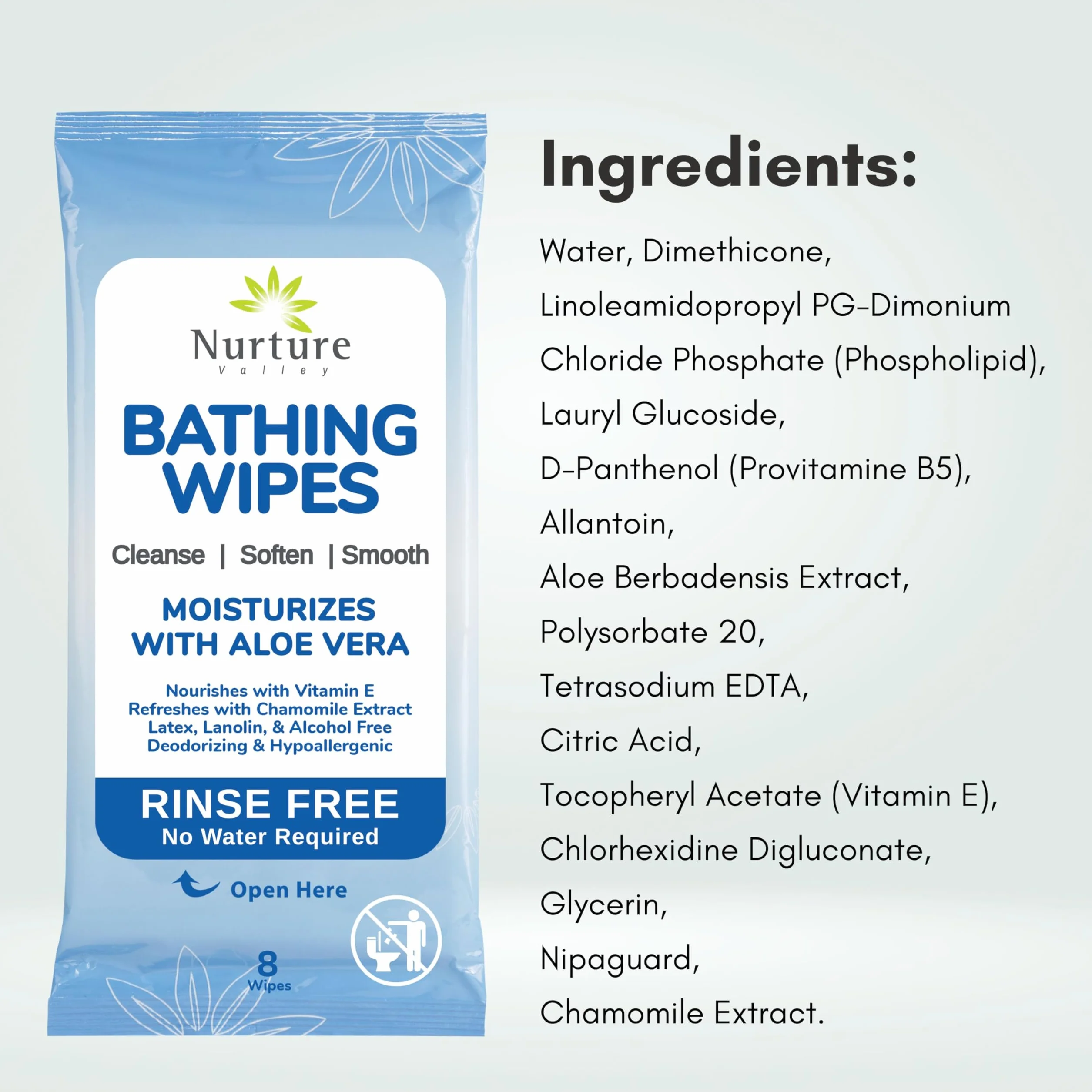 Nurture Valley Toallitas de Baño Sin Enjuague | 192 Paños de Baño para Adultos Aptos para Microondas con Aloe Vera y Vitamina E - Toallitas de Baño Limpiadoras Sin Agua - 24 Paquetes de 8 Toallitas