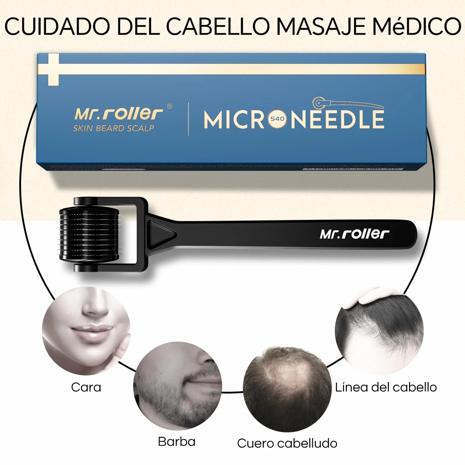 Mr.roller Dermaroller Cabello 1mm Microneedling para Crecimiento Barba y Cuero Cabelludo