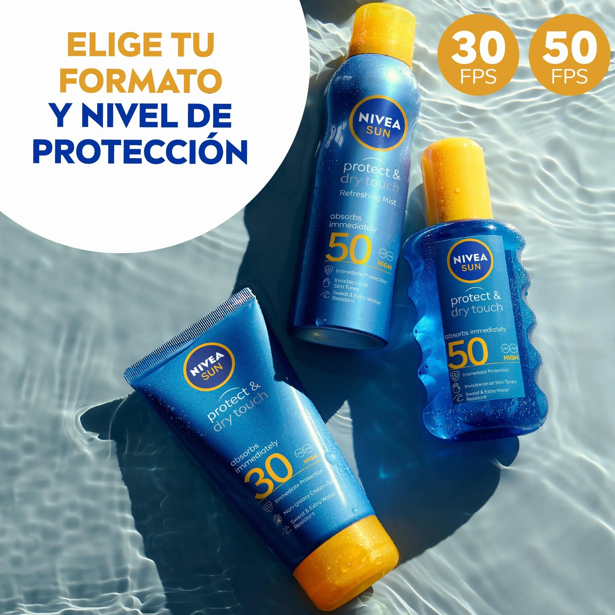 NIVEA SUN Protege & Refresca Spray Bruma Solar FP50 200 ml Protector Solar Transparente Resistente al Agua