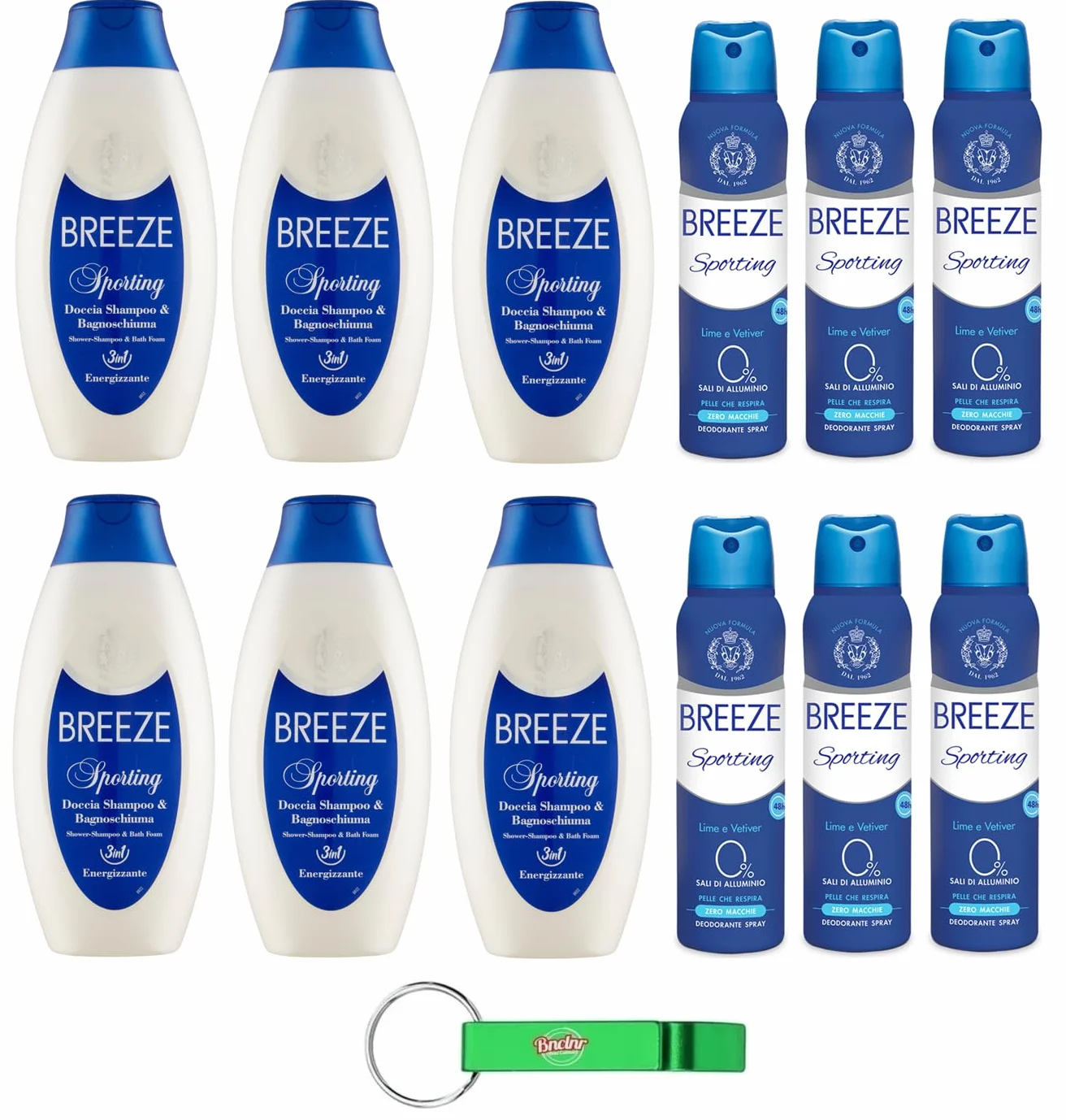 Breeze Sporting Testpaket,6 x desodorante spray 150 ml + 6 x champú de ducha y gel de ducha de 400 ml + llavero Beni Culinari gratis