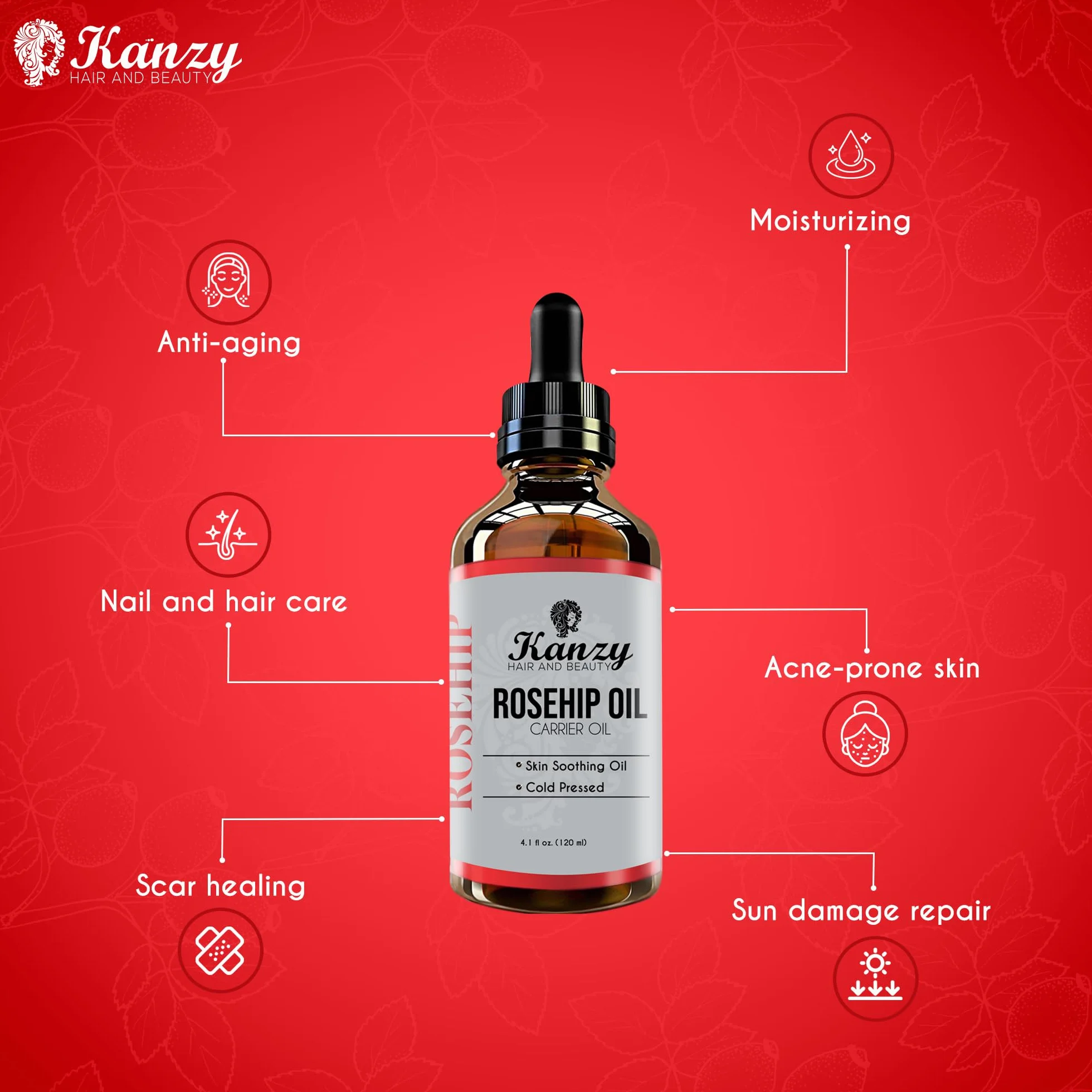 Kanzy Aceite de Rosa Mosqueta 120ml Prensado en Frío sin Refinar para Cicatrices y Estrías