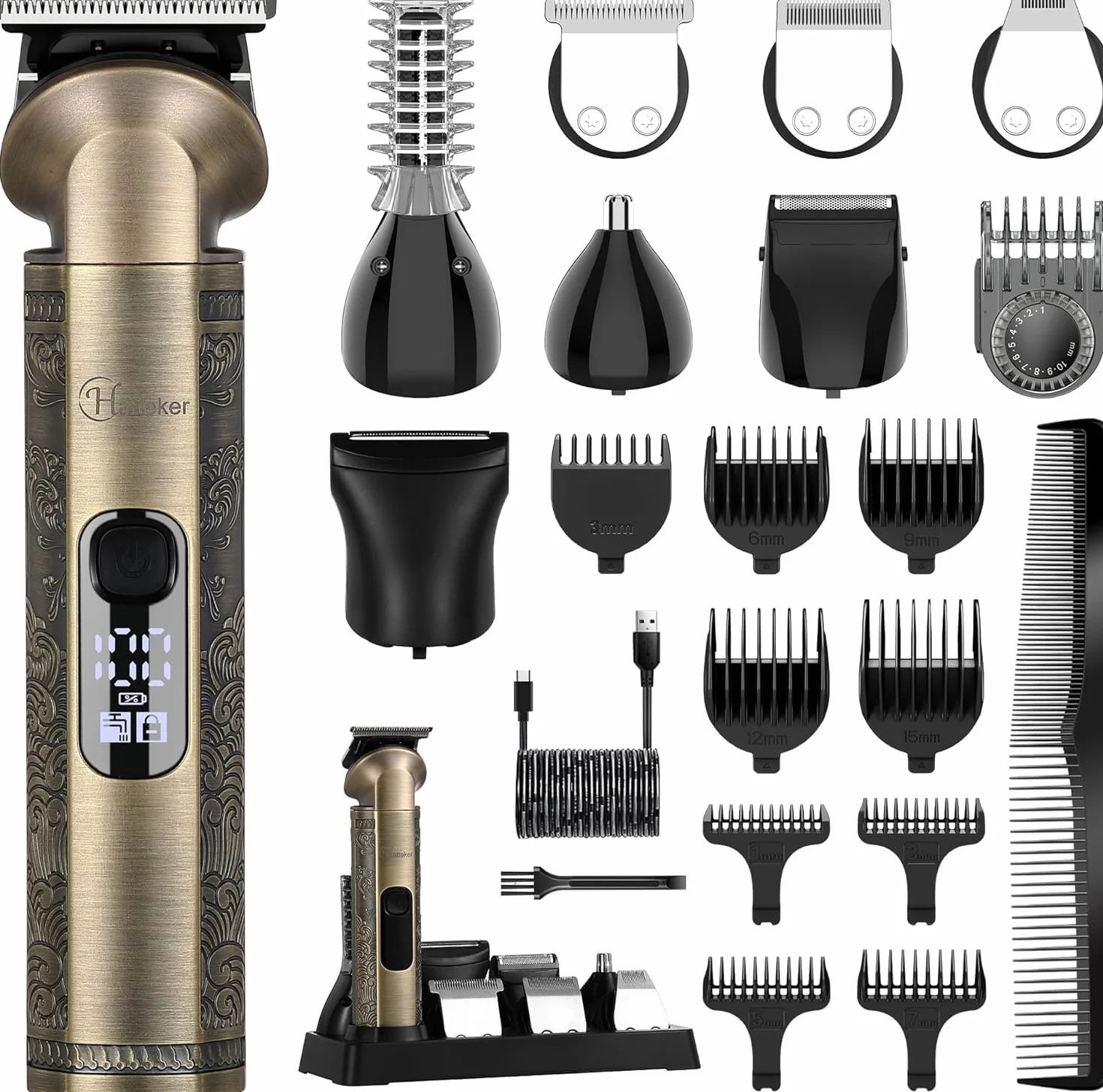 Hatteker Cortadora De Pelo 8 en 1 Impermeable, Afeitadora Masculina, Recortadora Nasal Carga USB
