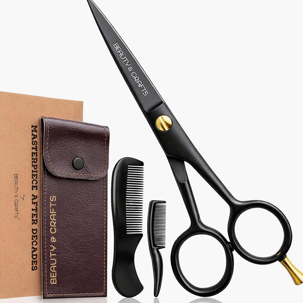 Beauty & Crafts - Tijeras alemanas para bigote de barba de 5 pulgadas - 2 peines de bigote para vello facial con hermosa bolsa - Tijeras de corte de barba para arreglar, cortar y peinar el bigote