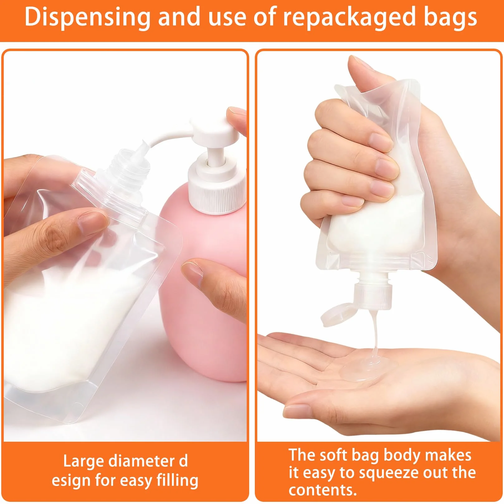 Bolsitas de Repuesto para Jabón Líquido de Ducha, 30ml 50ml 100ml, Bolsas de Viaje para Champú, Gel de Ducha, Loción + Embudo de Silicona