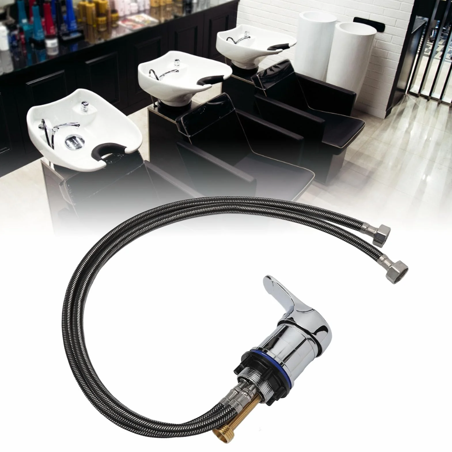 Grifo Mezclador para Lavabo de Champú de Salón, Aleación de Zinc, Frío y Caliente, Tubo de 70 cm
