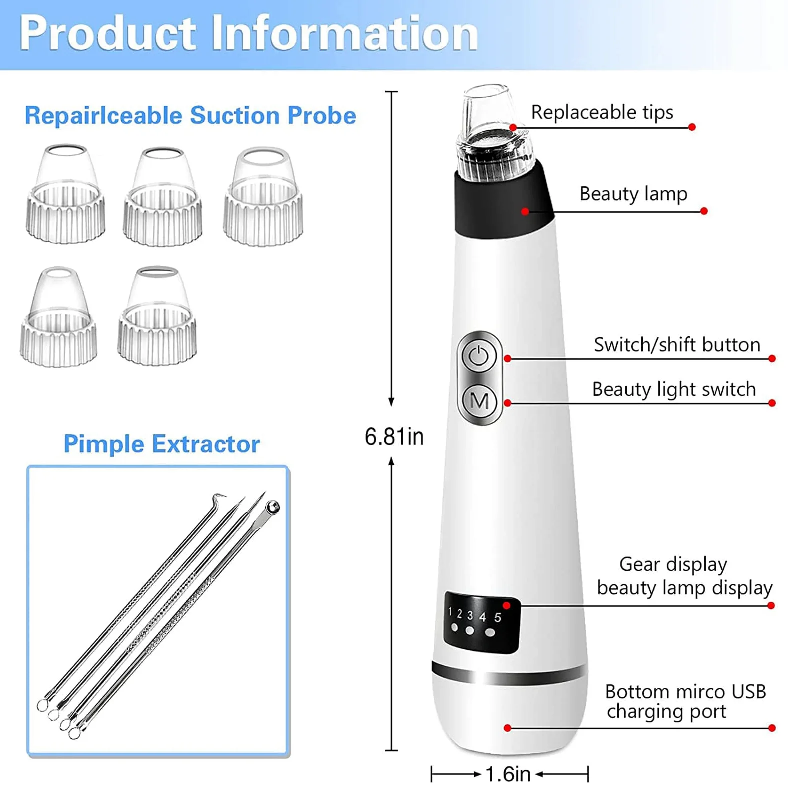 Limpiador facial de poros, limpiador eléctrico de poros, herramienta de succión de puntos negros, herramienta de extracción de puntos blancos, extractor de espinillas de limpieza facial, removedor de