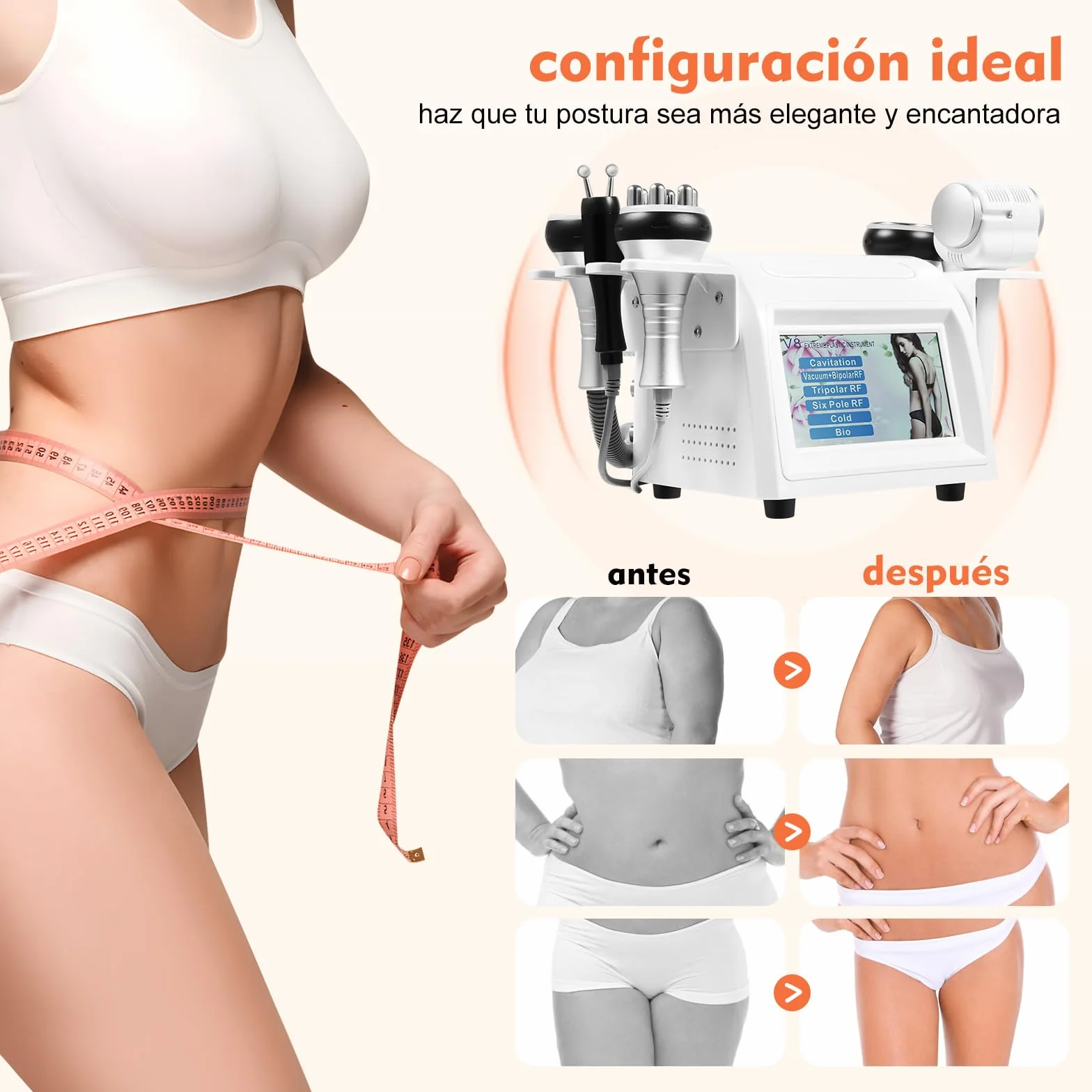 Máquina de cavitación 6 en 1 radiofrecuencia reafirmante modelado piel cuerpo rostro 40K