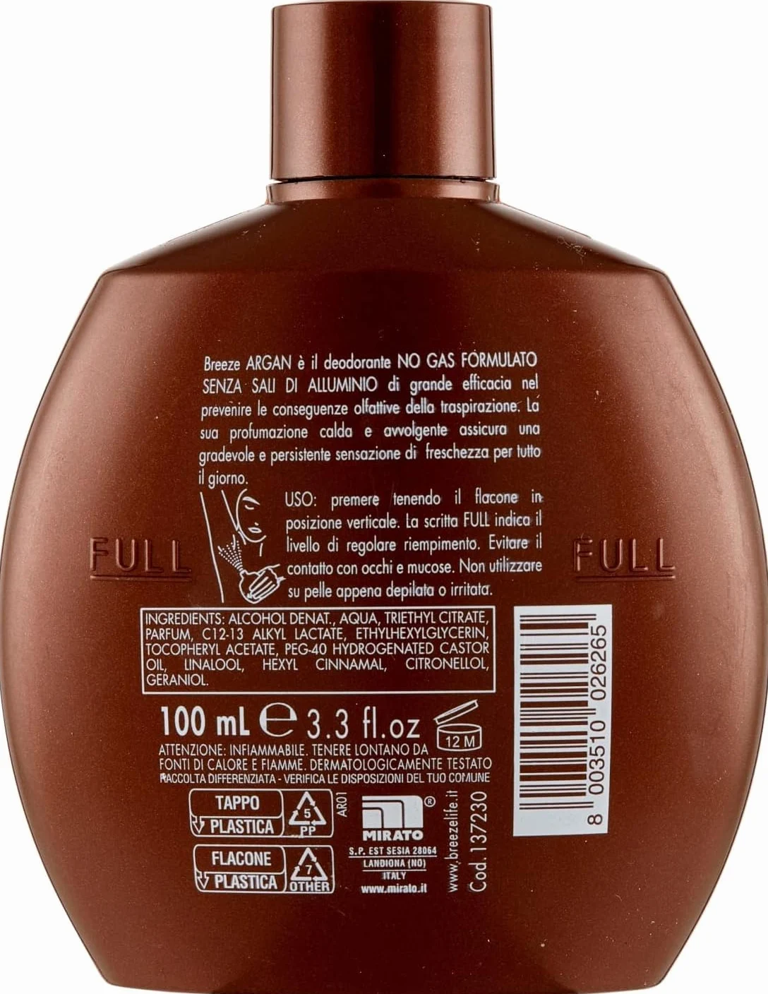 Breeze - Desodorante de argán Squeeze (12 unidades, sin gas y sin sales de aluminio, desodorante perfumado de 48 horas, 100 ml, incluye llavero Beni Culinari gratuito)