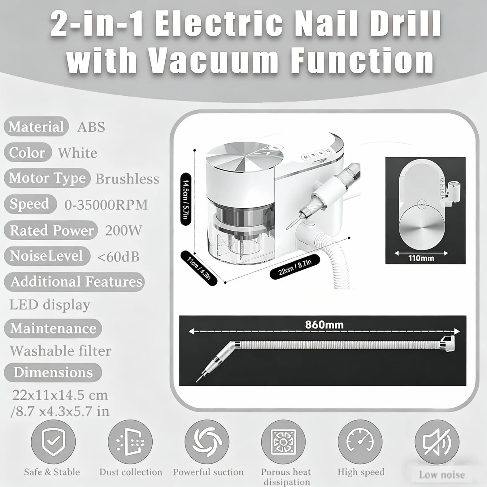 Torno Eléctrico para Uñas 2-en-1 con Aspirador de Polvo, 30.000 RPM Velocidad Ajustable, Motor Brushless ≤68dB, Kit Completo con Filtro Lavable para Salón de Belleza