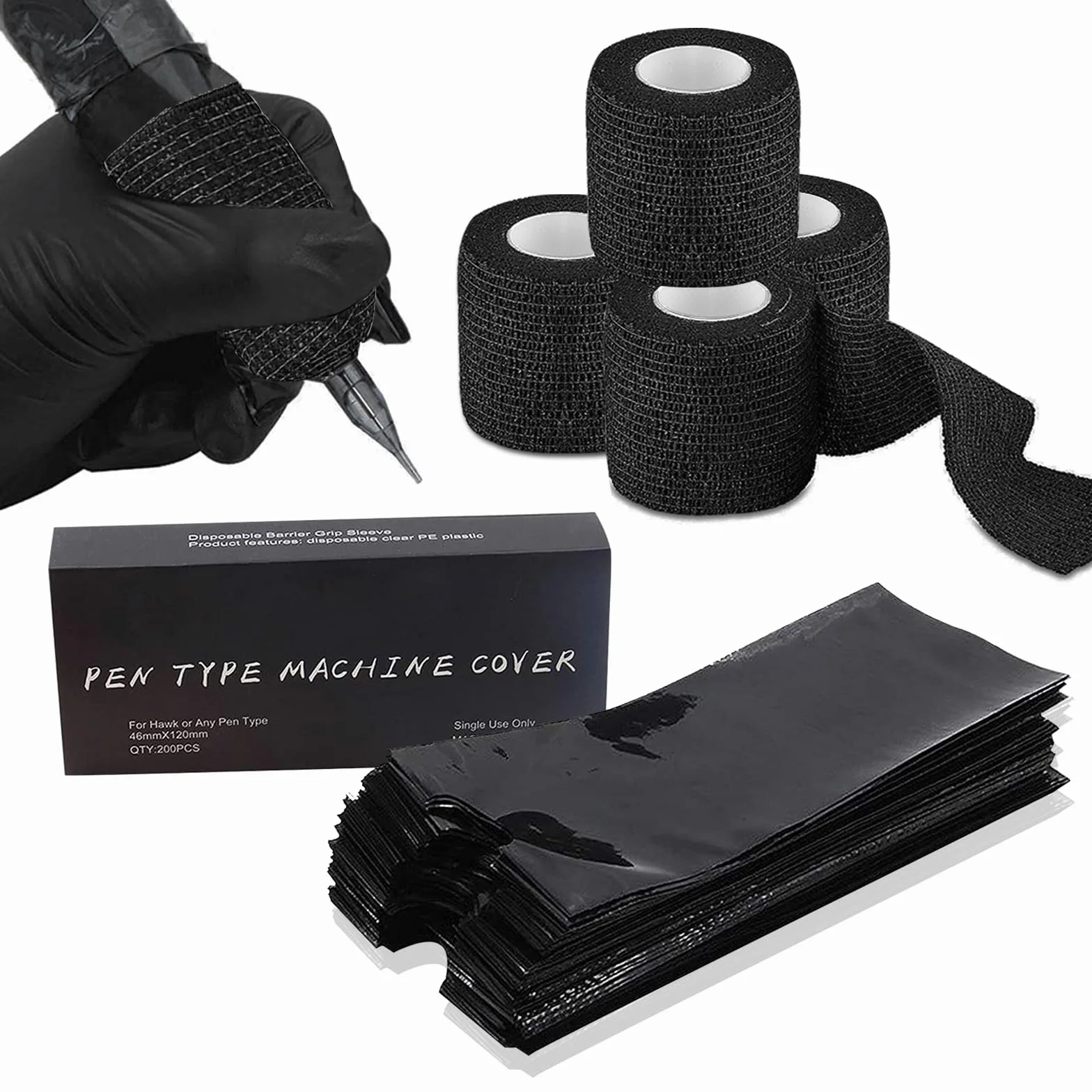 Cubierta de Agarre de Tatuaje y Bolsas para Máquinas Tatuaje Set, Rayyl 204pcs Set Accesorios de Tatuaje Artista de Tatuajes (Negro)