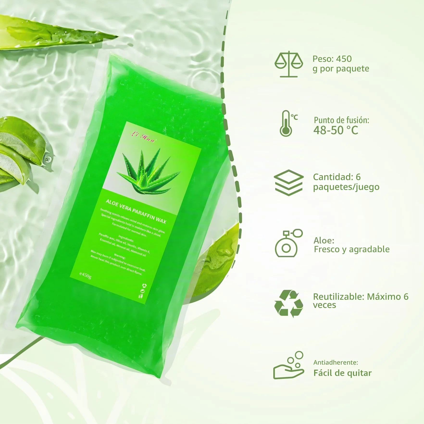 6 paquetes de cera de parafina de 2700 g, relleno de Aloe Vera para baños de parafina manos y pies, alivia la fatiga muscular, hidrata y nutre