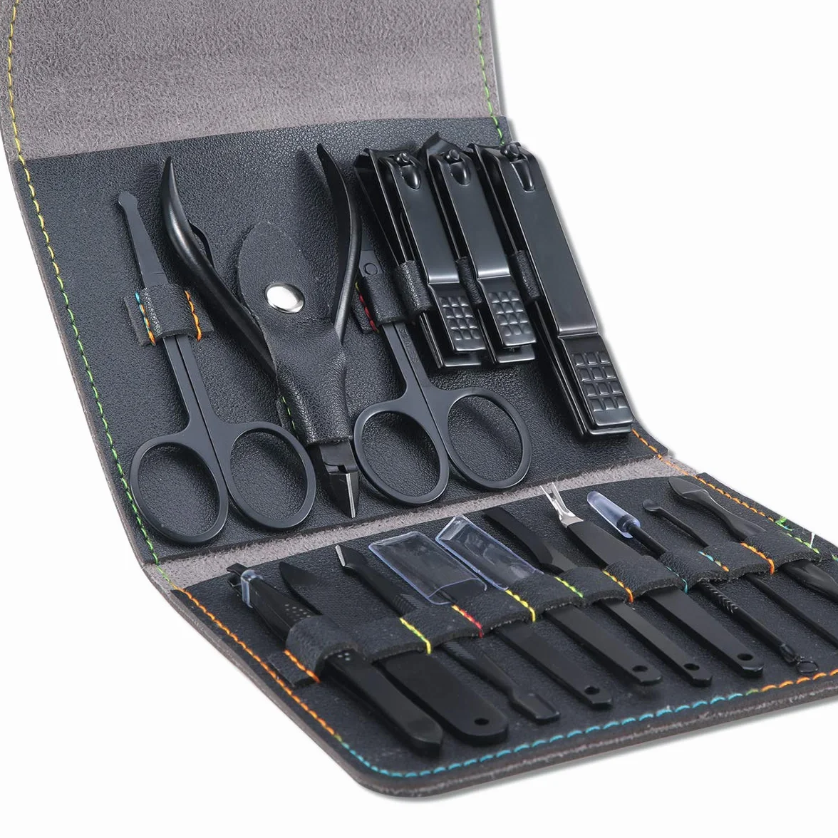 Set de Manicura y Pedicura Profesional 16 PCS Acero Inoxidable Cortaúñas con Estuche de Viaje Cuero (Negro)
