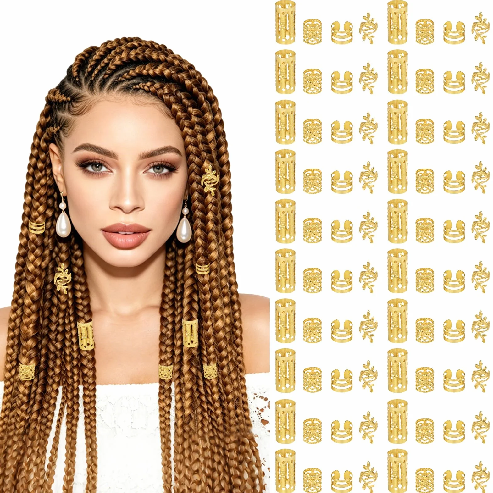 Joyería del Pelo 80 Pcs Accesorios para Rastas Trenzado Peinado (Oro)
