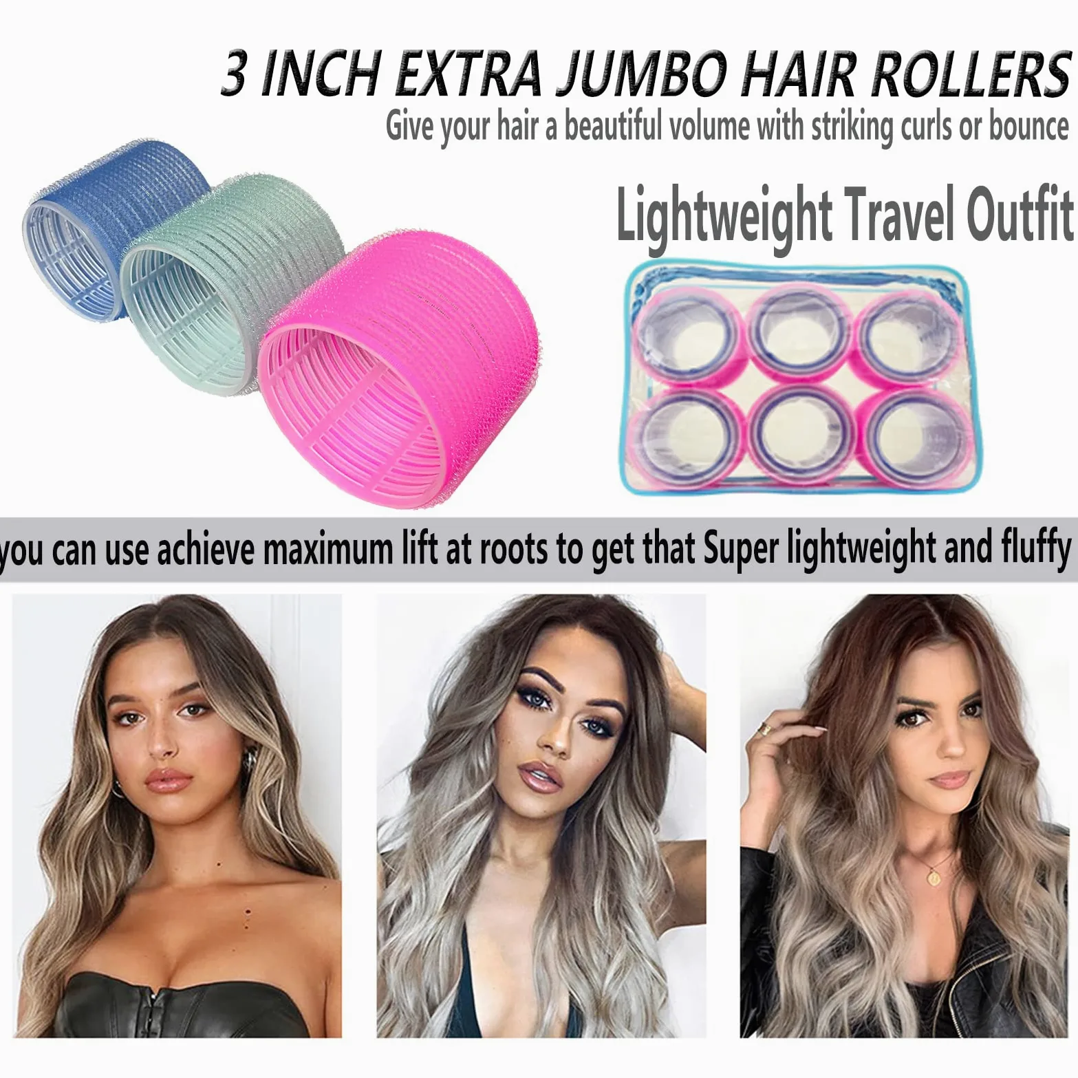 Rodillos de pelo jumbo de 3 pulgadas para cabello medio largo, 30 rizadores de pelo grandes sin calor con peines de cola de rata, rizadores de peluquería para mujeres de cabello grueso (75/65/55 mm)