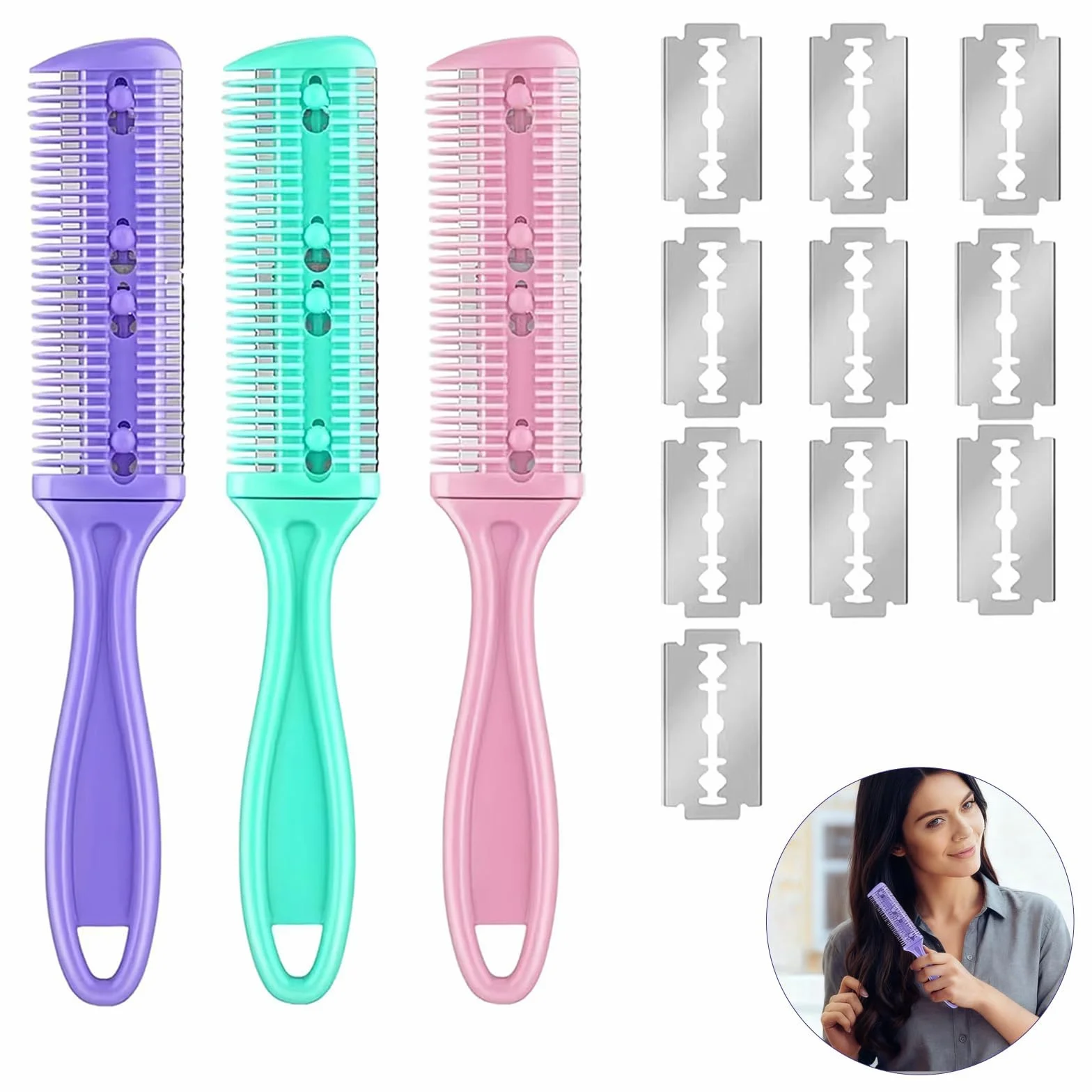 Peines para Adelgazar el Cabello con 10 Cuchillas de Acero Inoxidable, Cortador de Puntas Abiertas