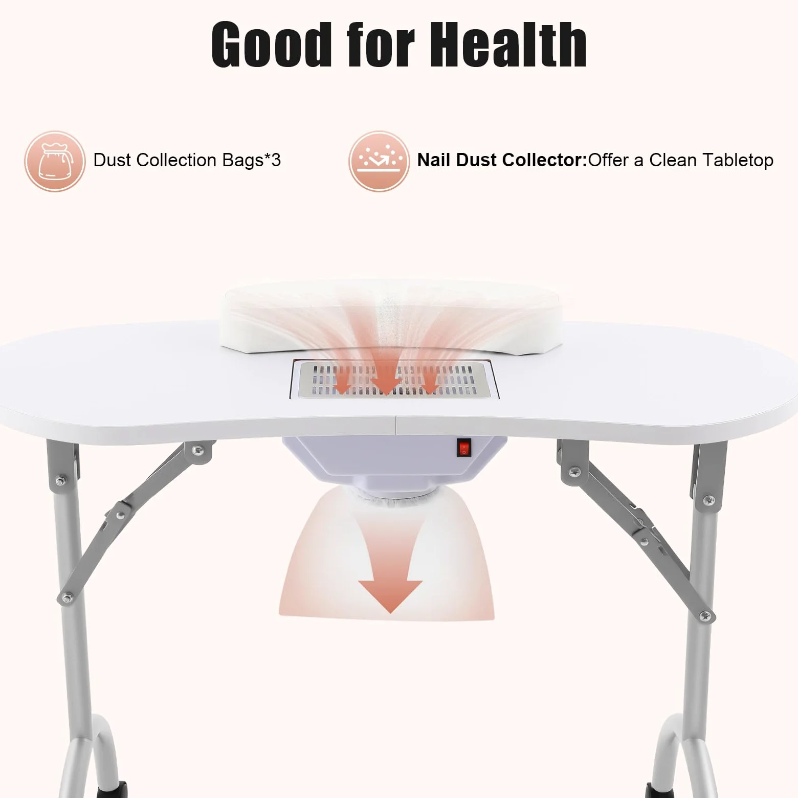 Mesa de manicura profesional con aspiradora, mesa plegable para el cuidado de uñas con filtro de polvo y ruedas, gran superficie de trabajo 90 x 40 cm, para estudio y hogar, color blanco moderno