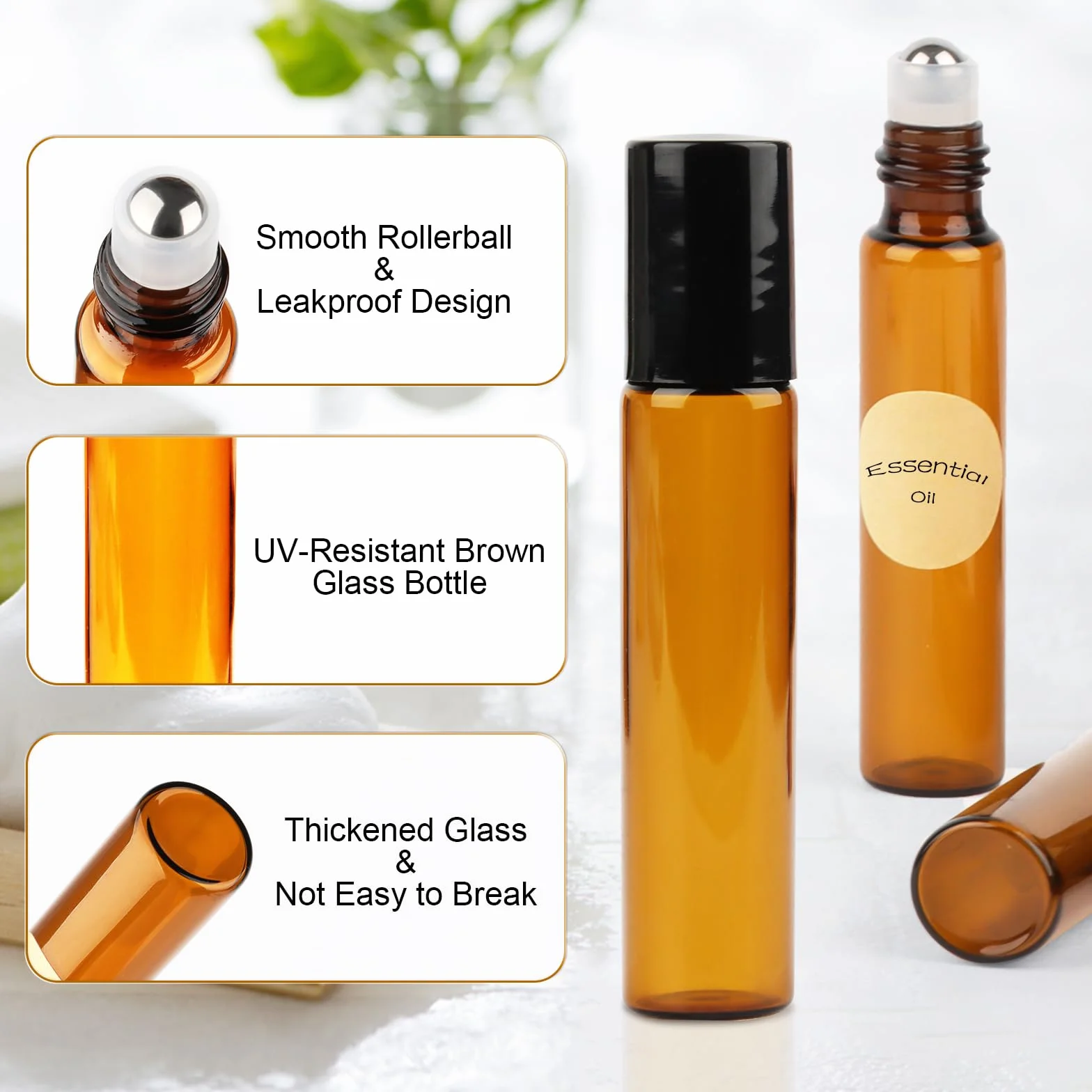 Botella Roll On Cristal 10ml Marrón, 16 Piezas con Bola de Acero Inoxidable para Aceites Esenciales
