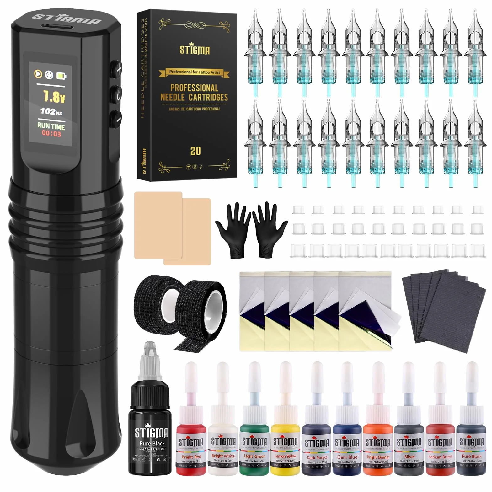 STIGMA Kit de Tatuaje Completo Maquina de Tatuar Inalambrica con 1800mAh,20pcs Agujas de Tatuaje y Tintas para Tatuar, Accesorios de Tatuajes Profesionales STEK57-1