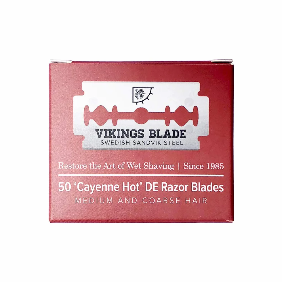 VIKINGS BLADE Cuchillas de afeitar de seguridad de doble filo, 50 cuchillas, acero sueco + revestimiento de platino, cuchillas de afeitar de repuesto y recambios (semiagresivas y seguras)