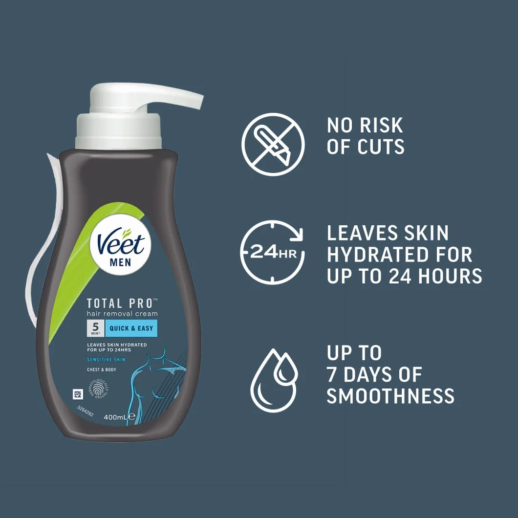 Veet Crema depilatoria para hombres 400 ml piel sensible removedor vello pecho cuerpo hidrata sin cortes
