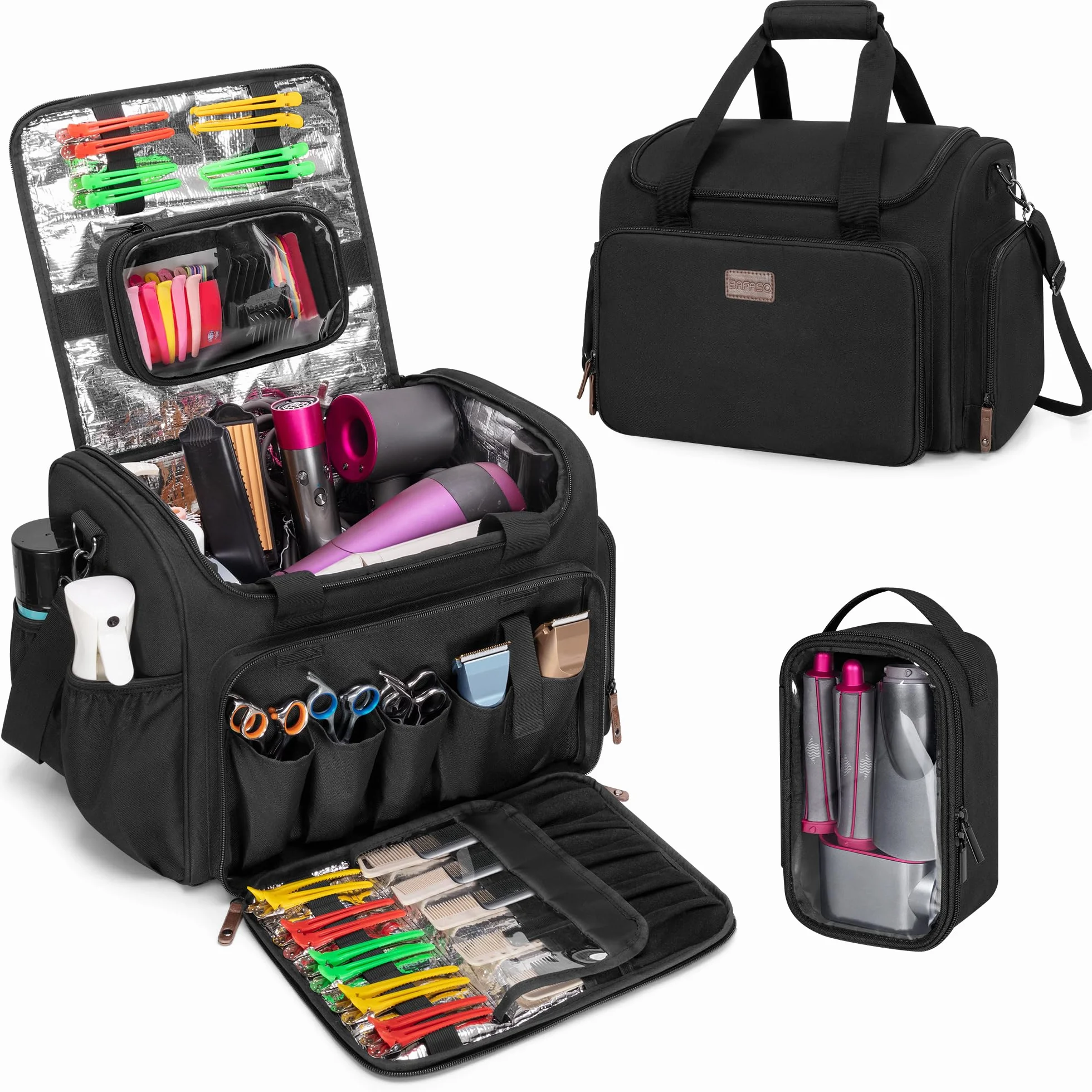 BAFASO Bolsa de Viaje Aislada para Peluquería con Divisor Semi Desmontable y Dos Bolsillos Extraíbles, Bolsa de Peluquería para Varias Herramientas de Corte de Cabello, (Solo Bolsa), Negro