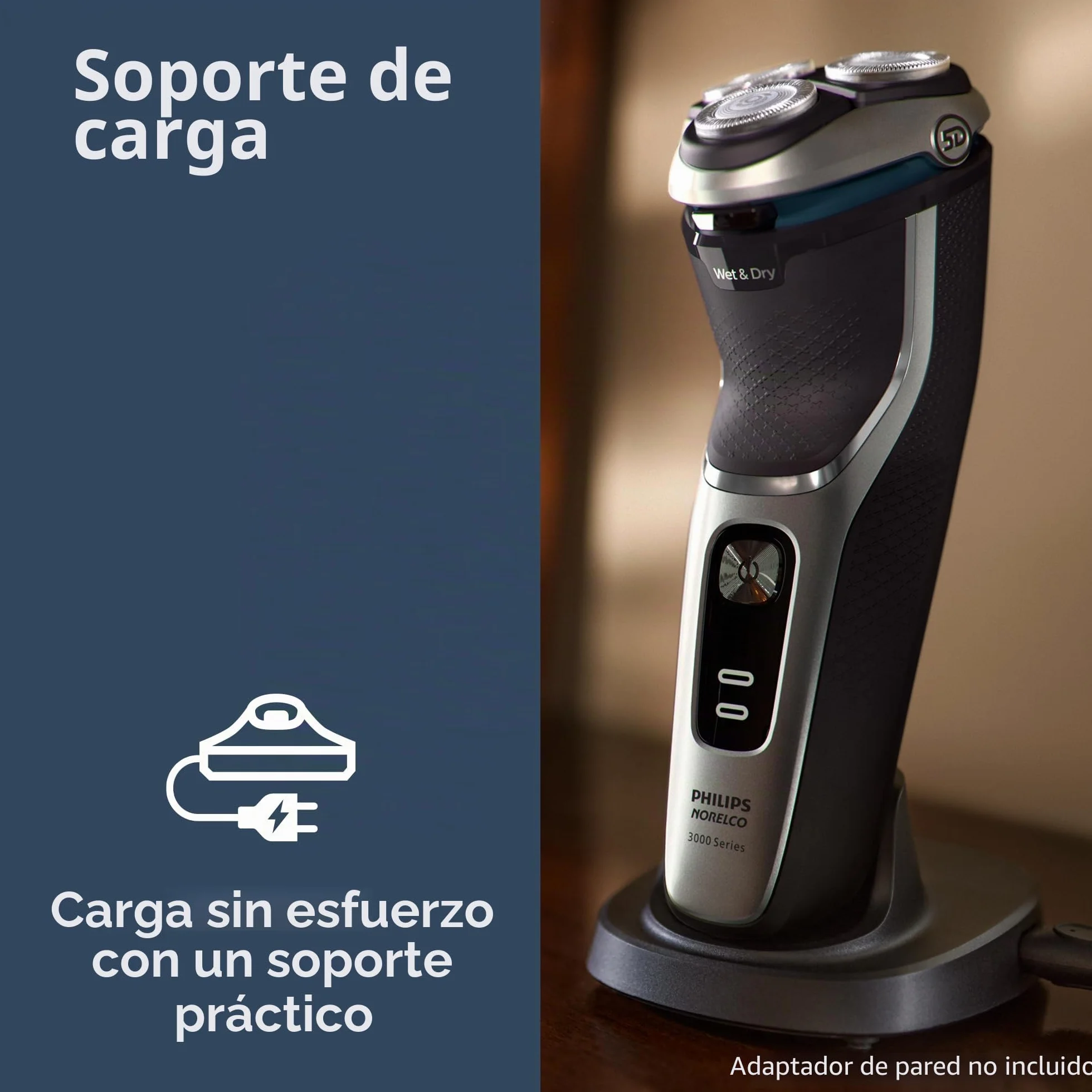 Philips Norelco Shaver 3900 Series, afeitadora eléctrica en húmedo/seco, tapa P, bolsa de viaje, soporte de carga, azul tormenta, modelo S3341/92