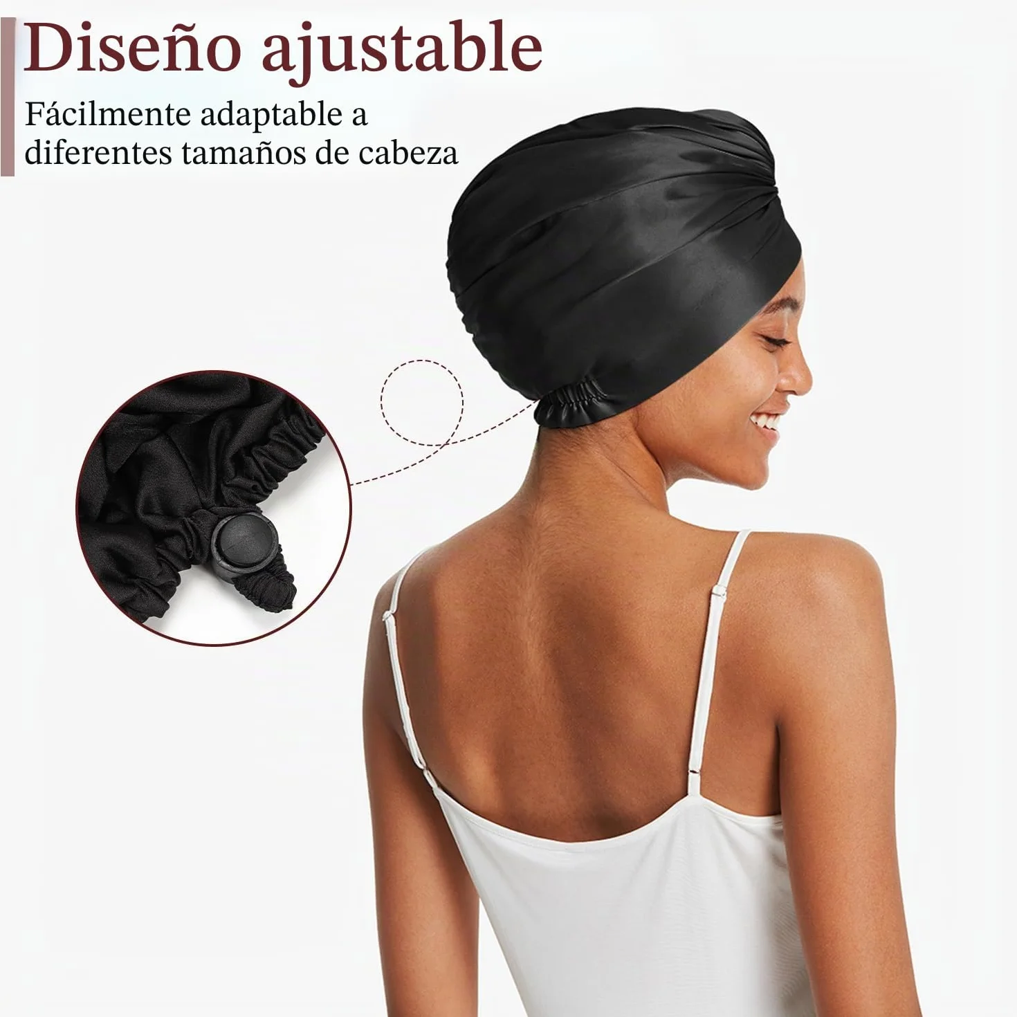 Gorro de seda de doble capa para dormir ajustable con goma de satén para mujer